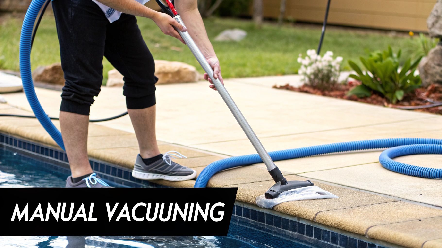 A person manually vacuuming a clean, blue swimming pool.