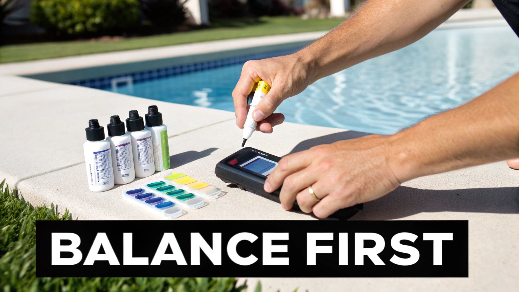 Person testing pool water chemistry with digital meter and chemical bottles by saltwater pool