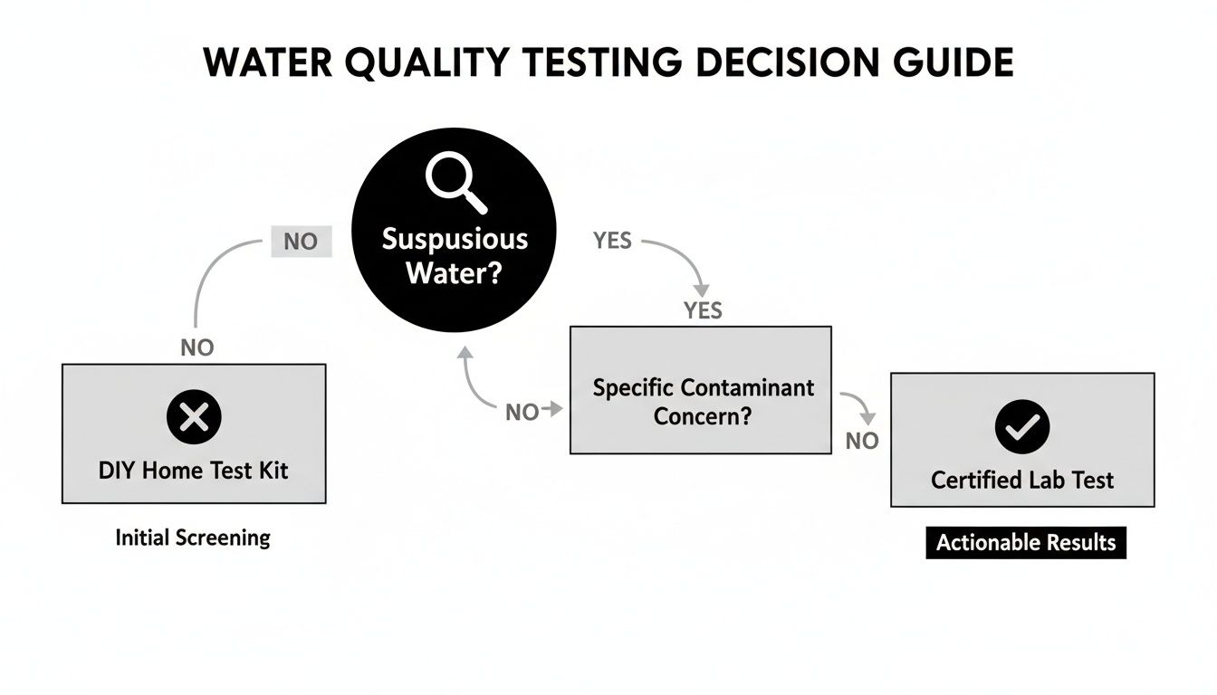A water quality testing decision guide flowchart, indicating when to use DIY kits versus certified lab tests.
