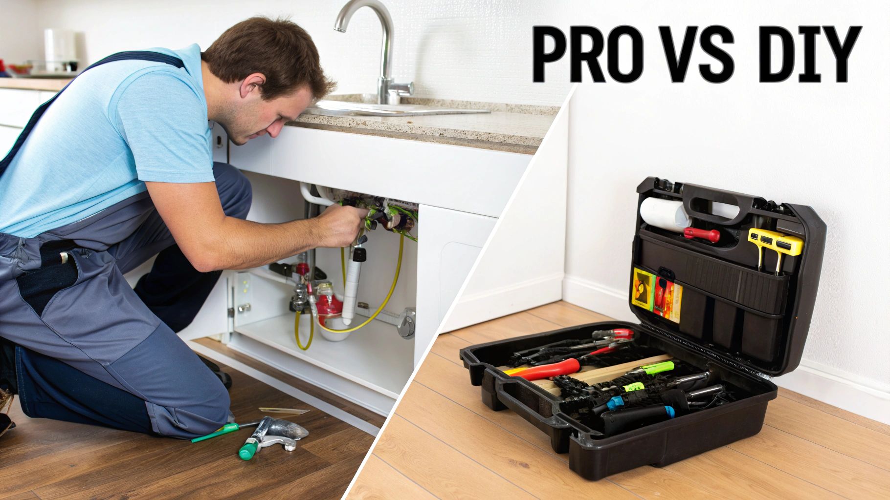 Two hands working on pipes under a kitchen sink.