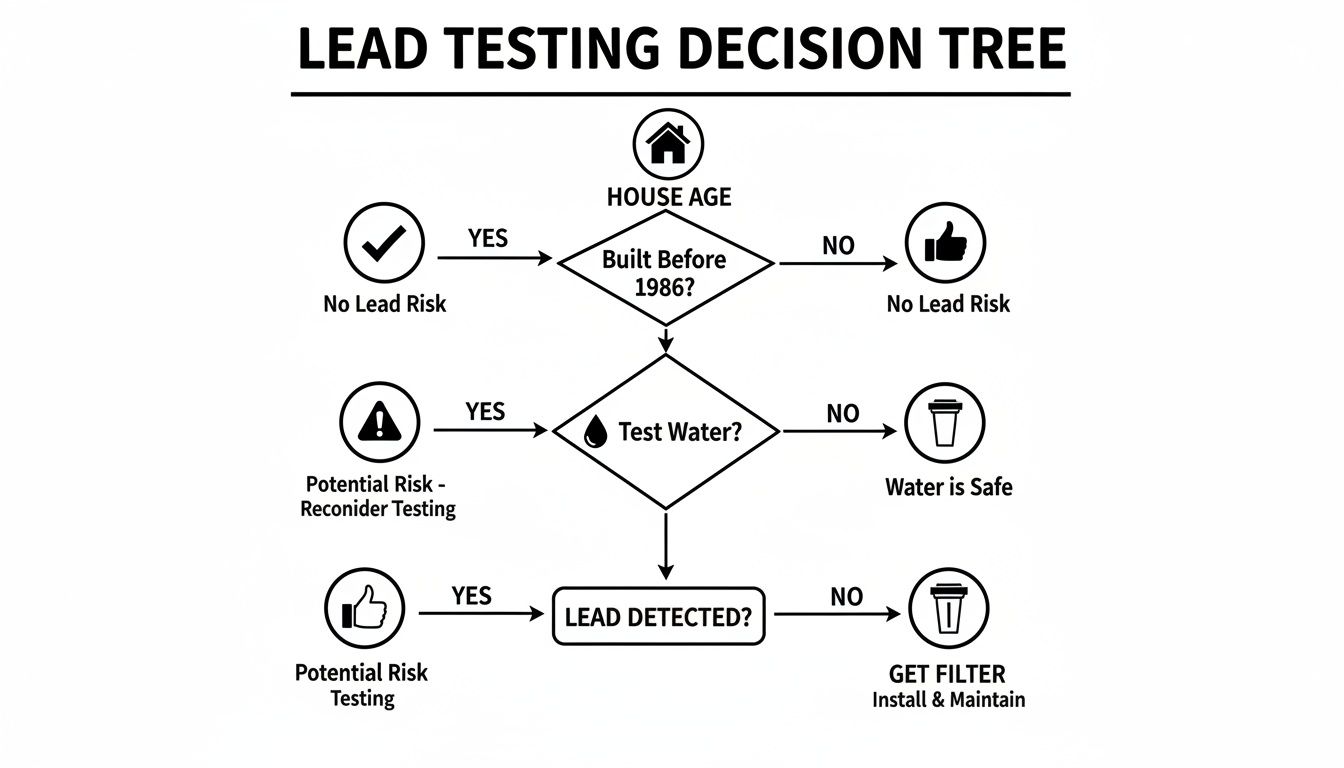 Decision tree for lead testing in water, guiding users through steps based on house age and test results.