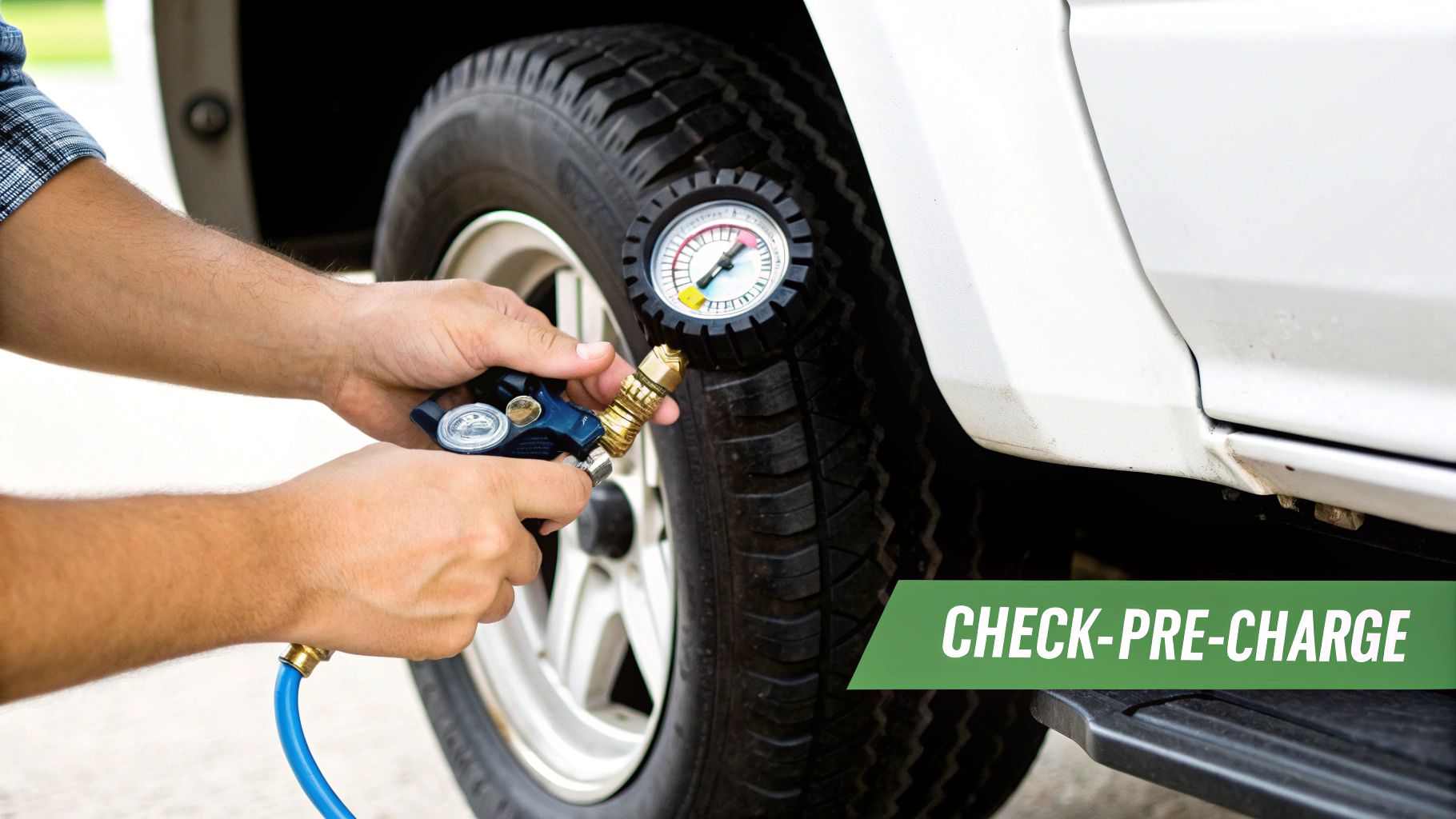 A person checking the pressure on a water pressure tank with a tire gauge.
