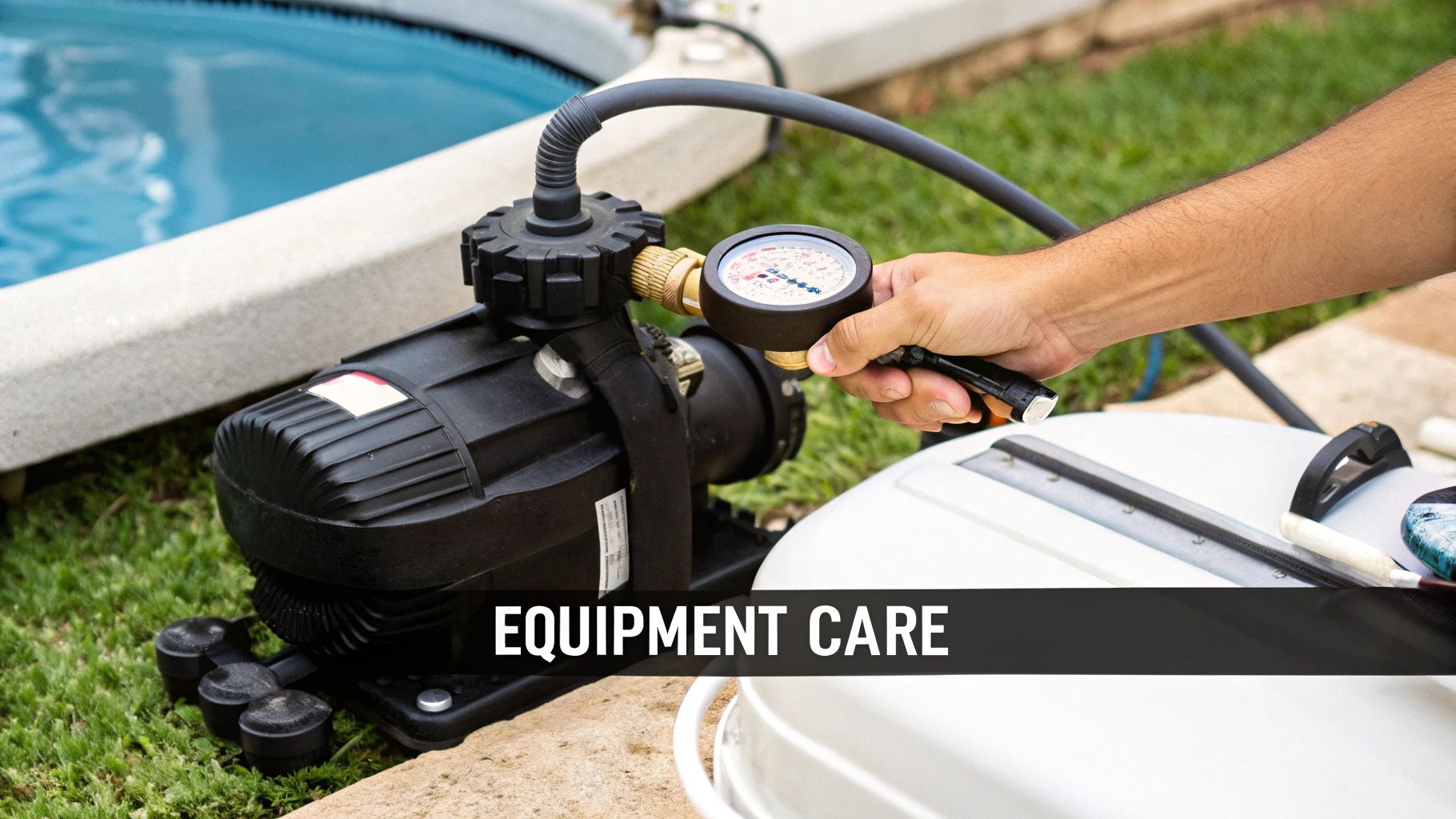 A close-up of a person's hand checking a pressure gauge on a black pool pump, next to a swimming pool.