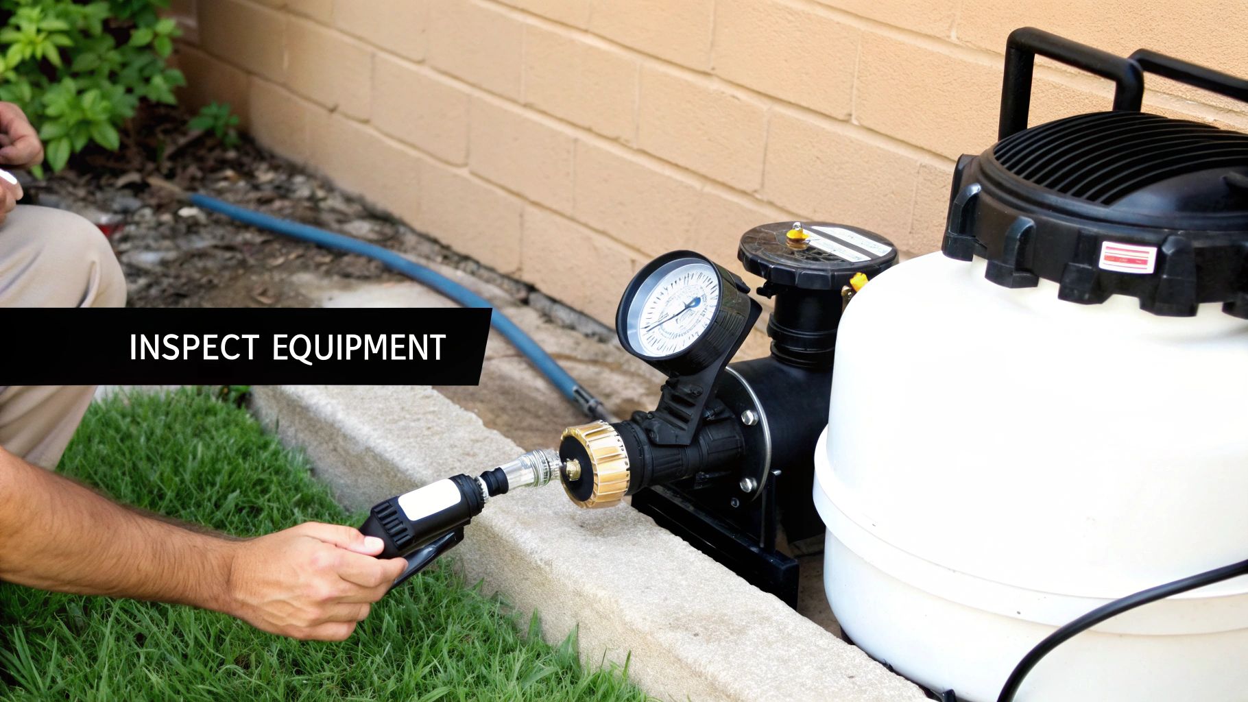 A person inspects swimming pool equipment, connecting a tool to the pump with a pressure gauge.