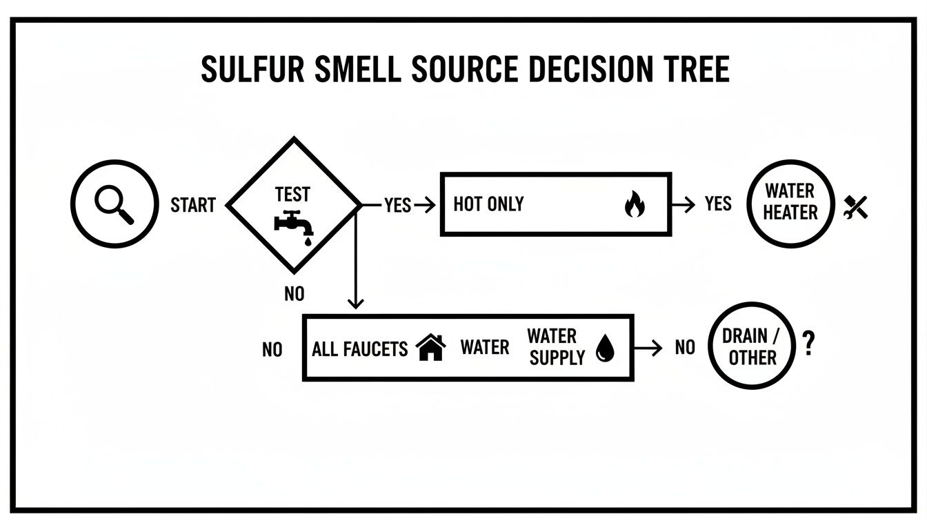 A flowchart diagram titled 'Sulfur Smell Source Decision Tree' for diagnosing water odor.