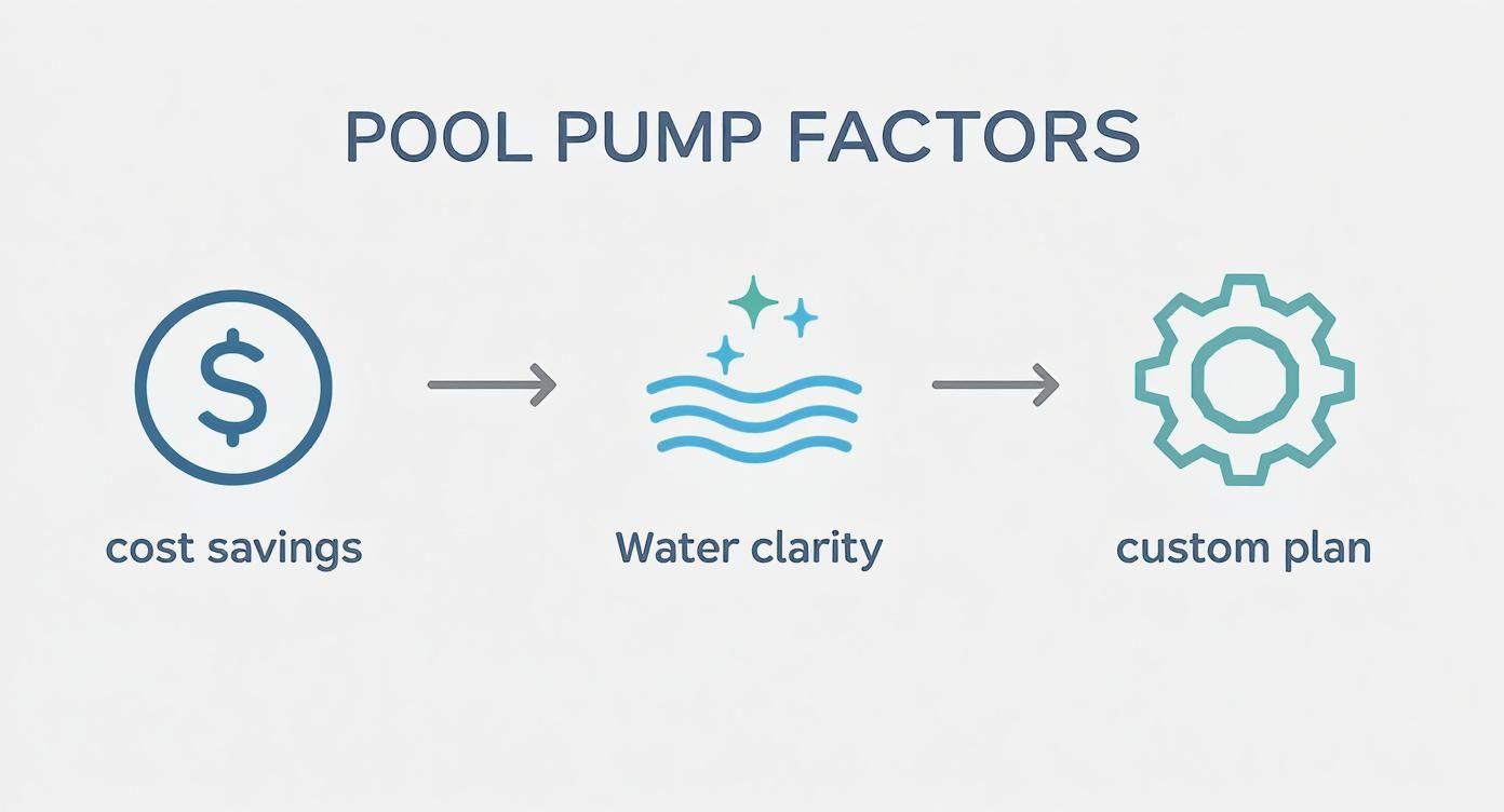 A visual diagram showing key pool pump factors: cost savings, water clarity, and a custom plan.