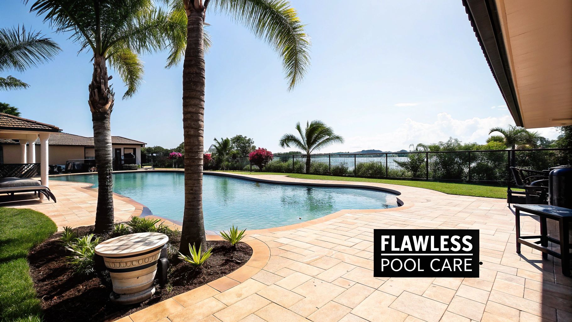 A sparkling clean swimming pool with a paver patio, lush palm trees, and a distant water view.