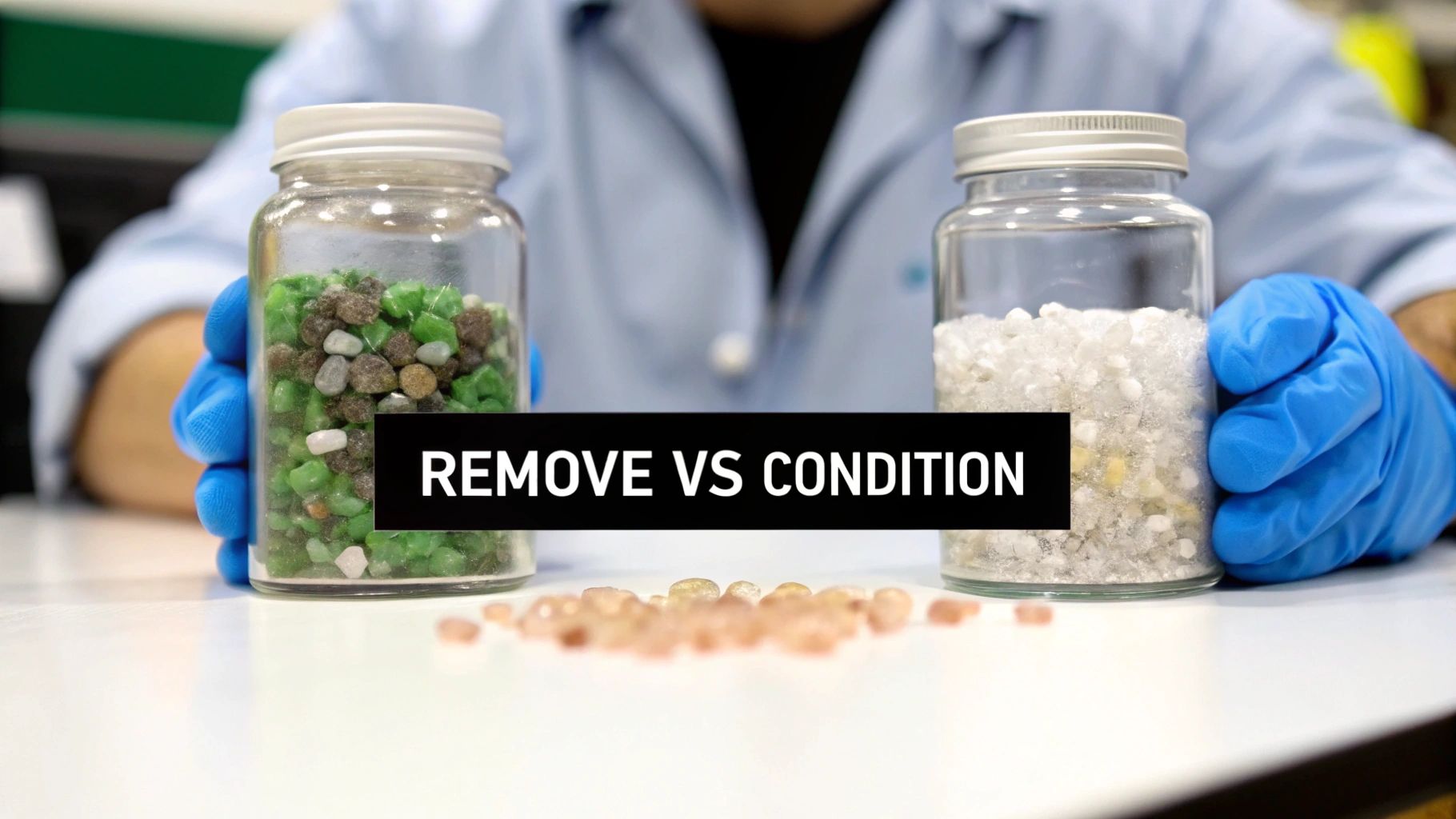 A person in blue gloves holds two jars, one with green pellets, the other with white crystals, under a 'REMOVE VS CONDITION' banner.