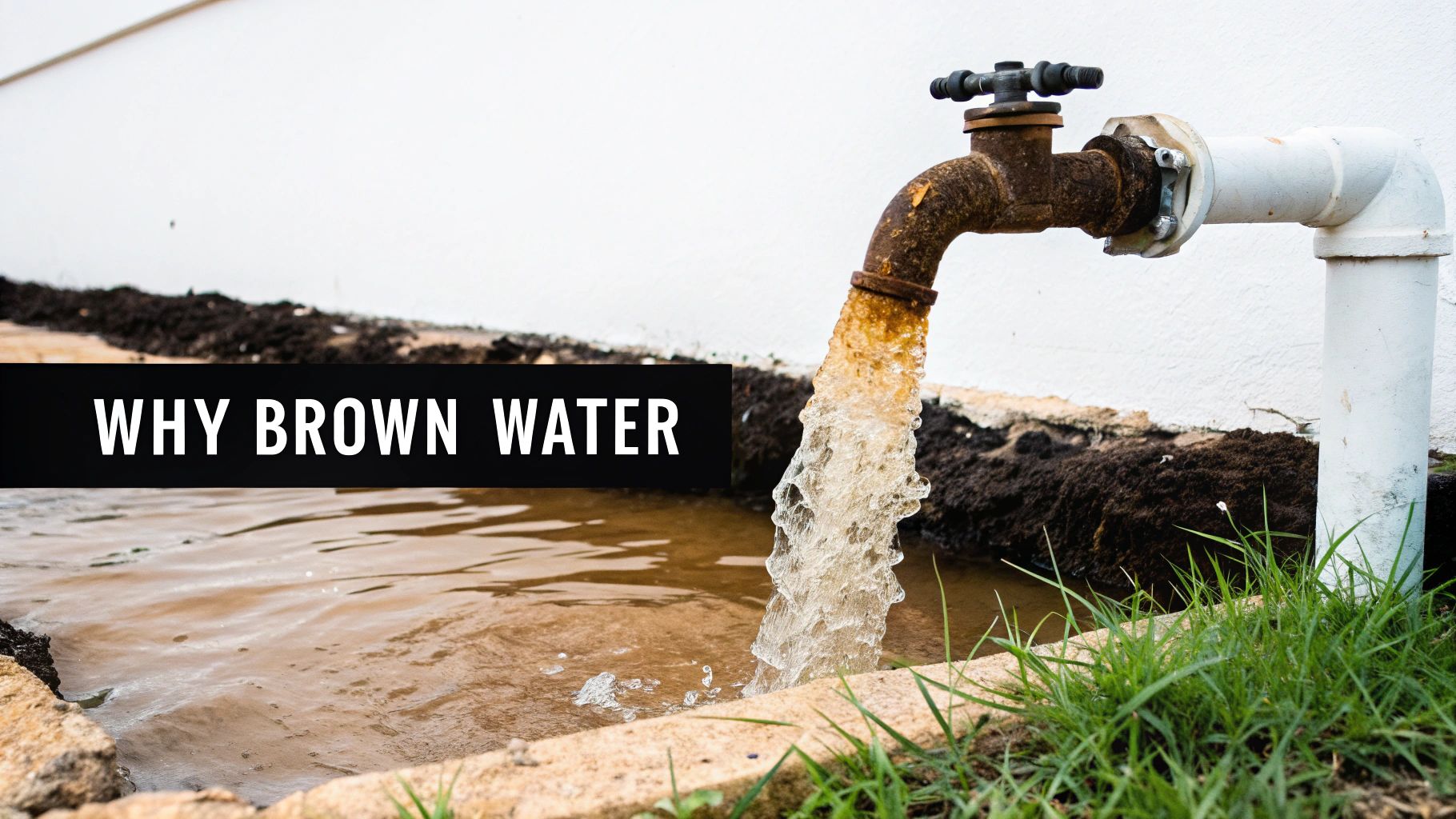 A rusty outdoor faucet pours a stream of brown, murky water into a muddy basin next to a white wall.