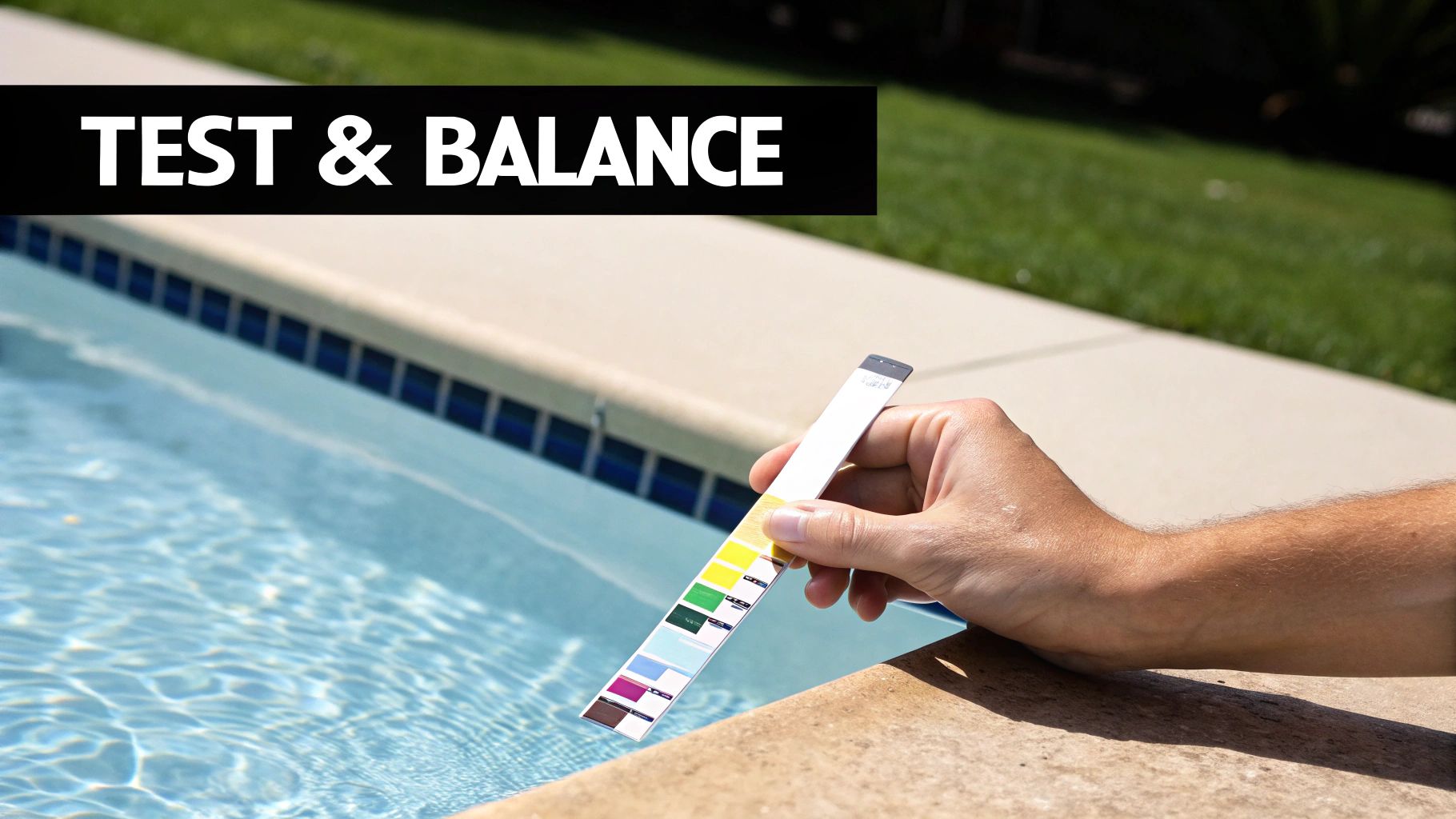 A hand uses a test strip to check the chemical balance of a sparkling blue swimming pool, with 'TEST & BALANCE' text.