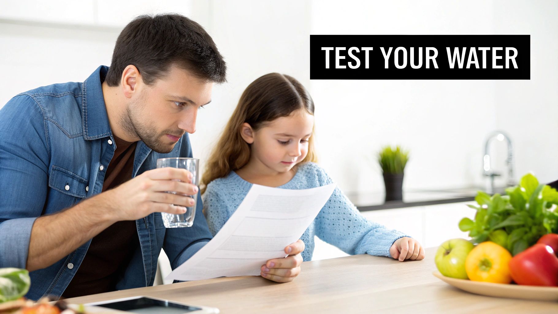 Father and daughter reading water test results in a kitchen, with a glass of water and fresh produce.
