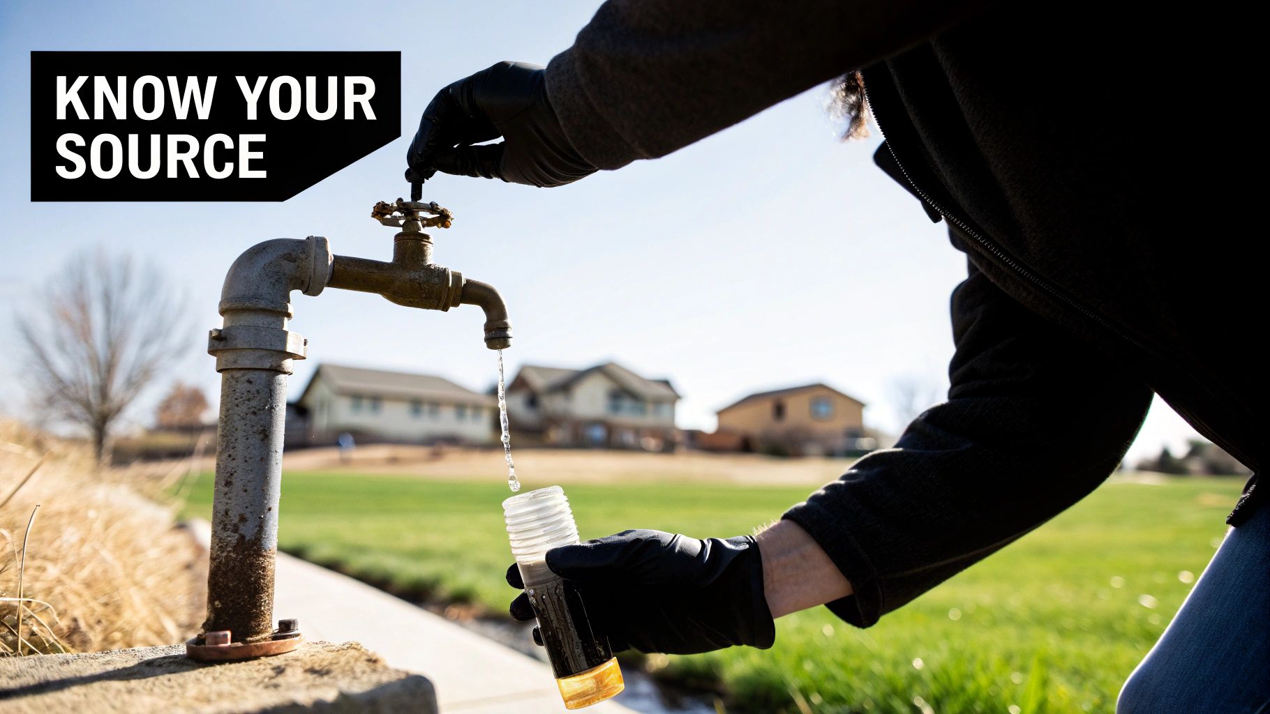 A person in black gloves collects water from an old outdoor faucet into a sample bottle.