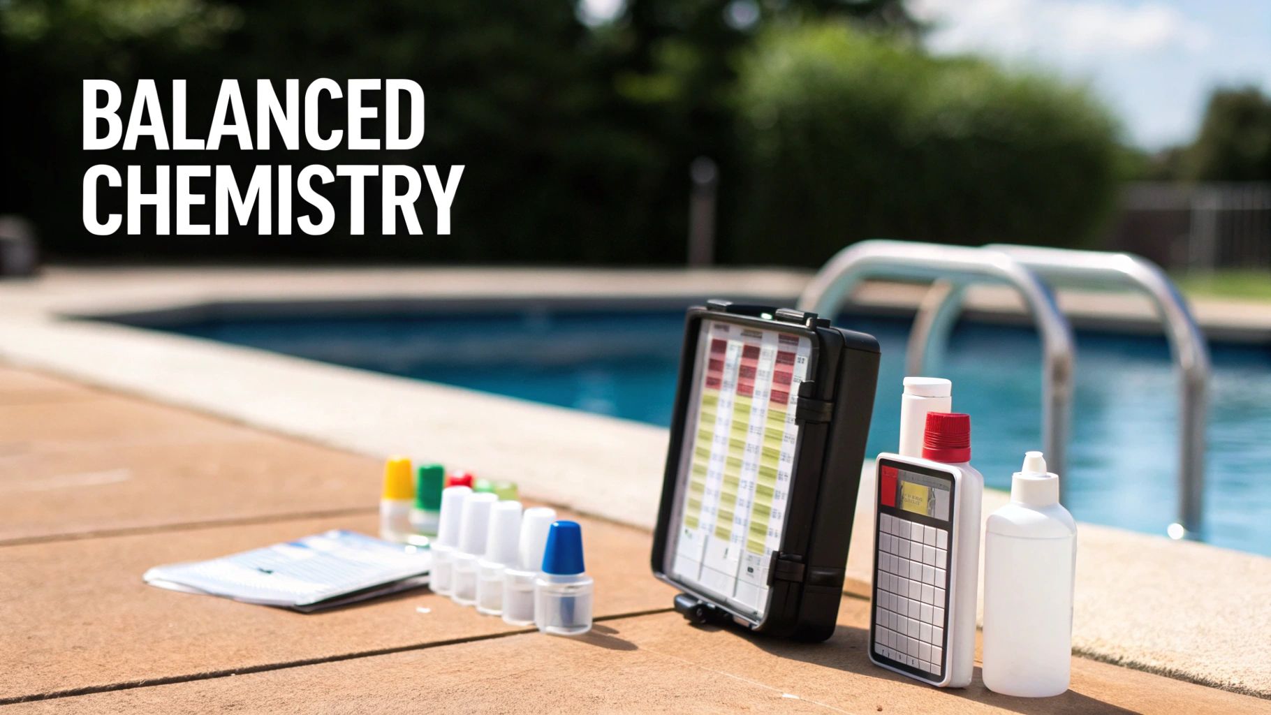 A pool testing kit with various bottles, a color chart, and instructions on the edge of a swimming pool.