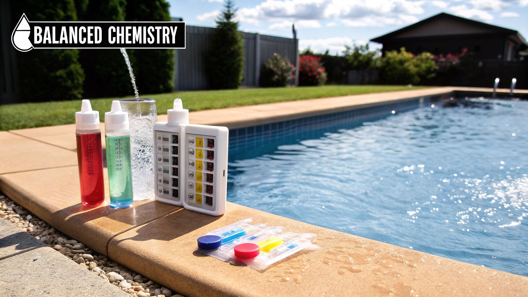 A clear, sparkling swimming pool with a person's legs dangling in the water, showing the importance of balanced chemistry.