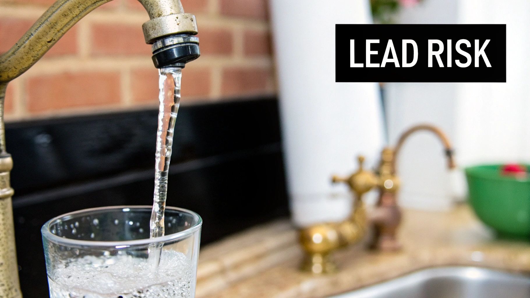 A stream of clean water fills a glass from a kitchen faucet, highlighting 'LEAD RISK'.