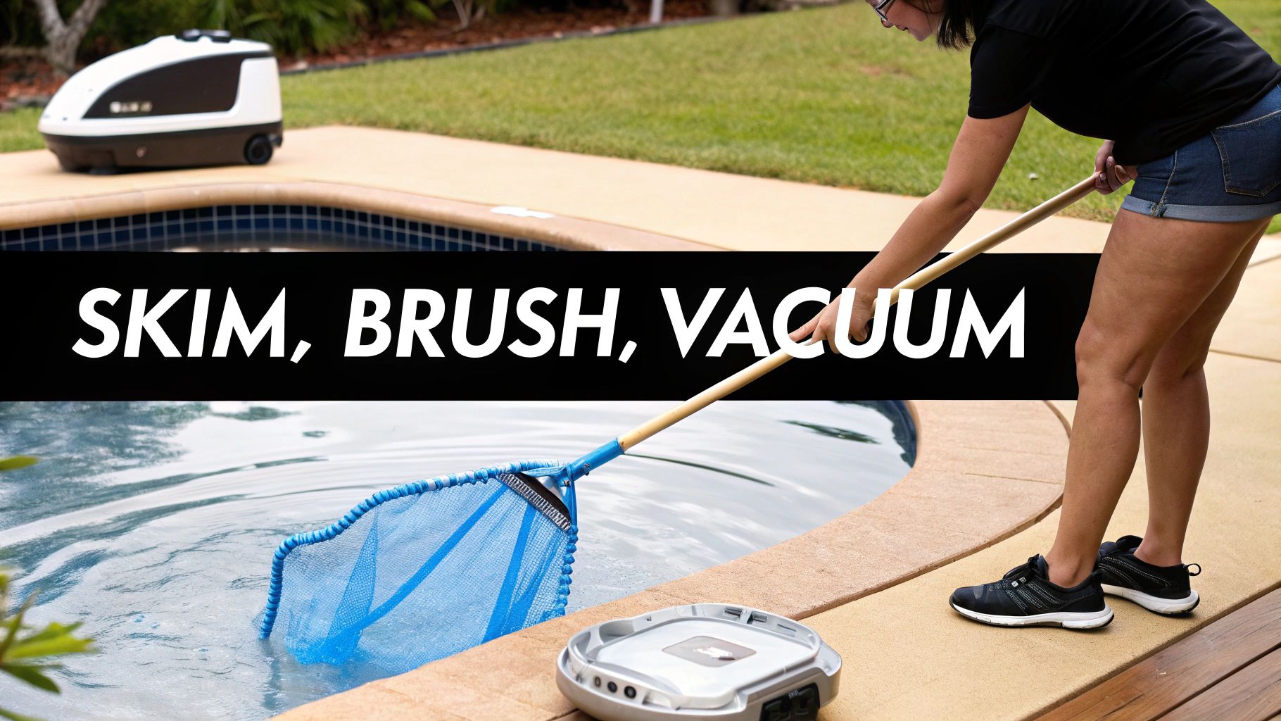 A person actively skims a pool with a net, illustrating various pool cleaning methods and robotic devices.