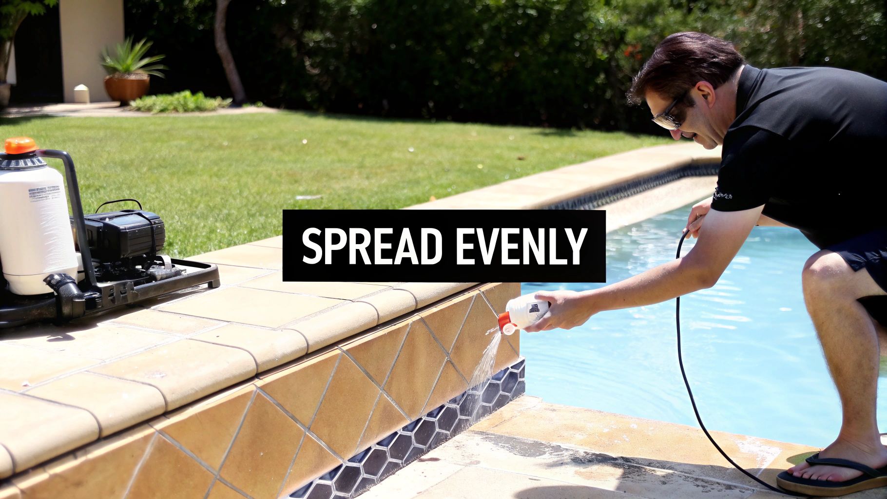 A hand broadcasting baking soda across the surface of a pool