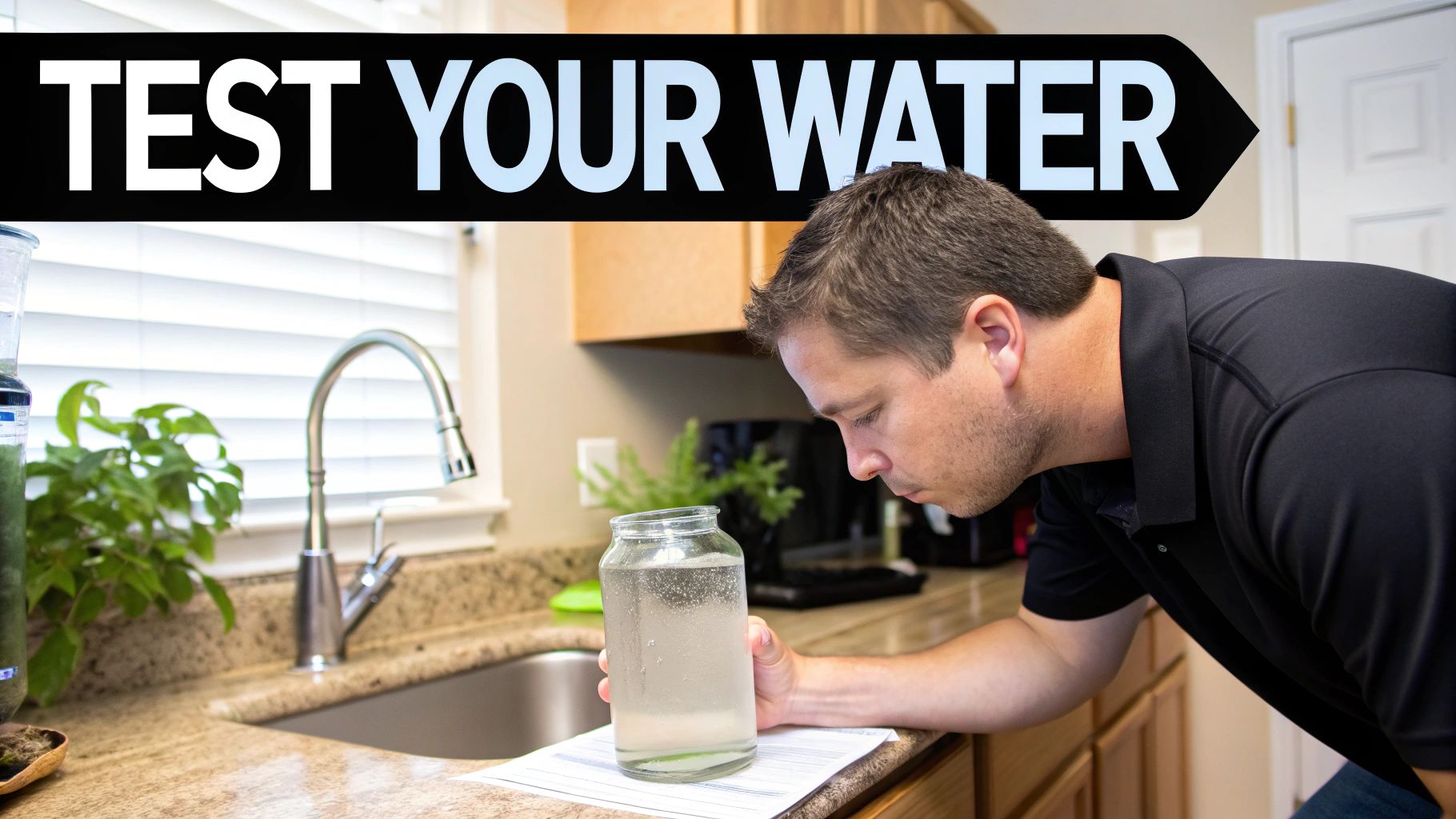A close-up of a clear glass of water being poured from a faucet, with a modern kitchen in the background.
