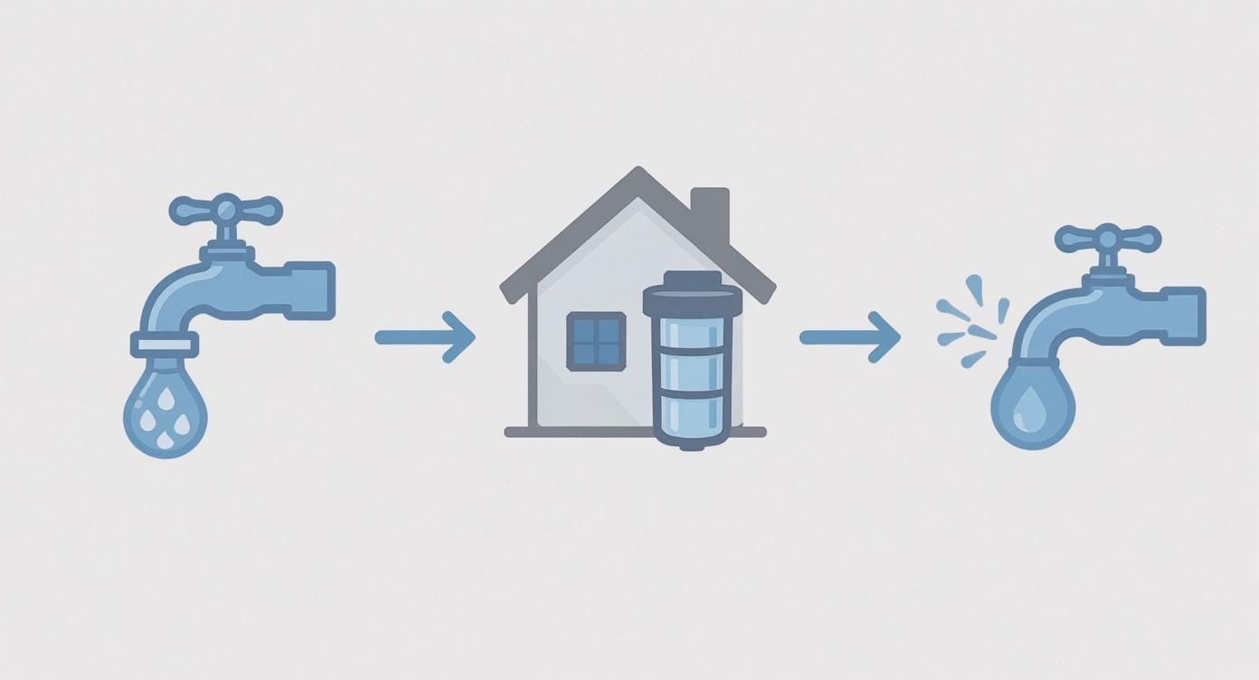 Diagram illustrating a whole house water purification system, showing dirty water entering and clean water exiting a faucet.