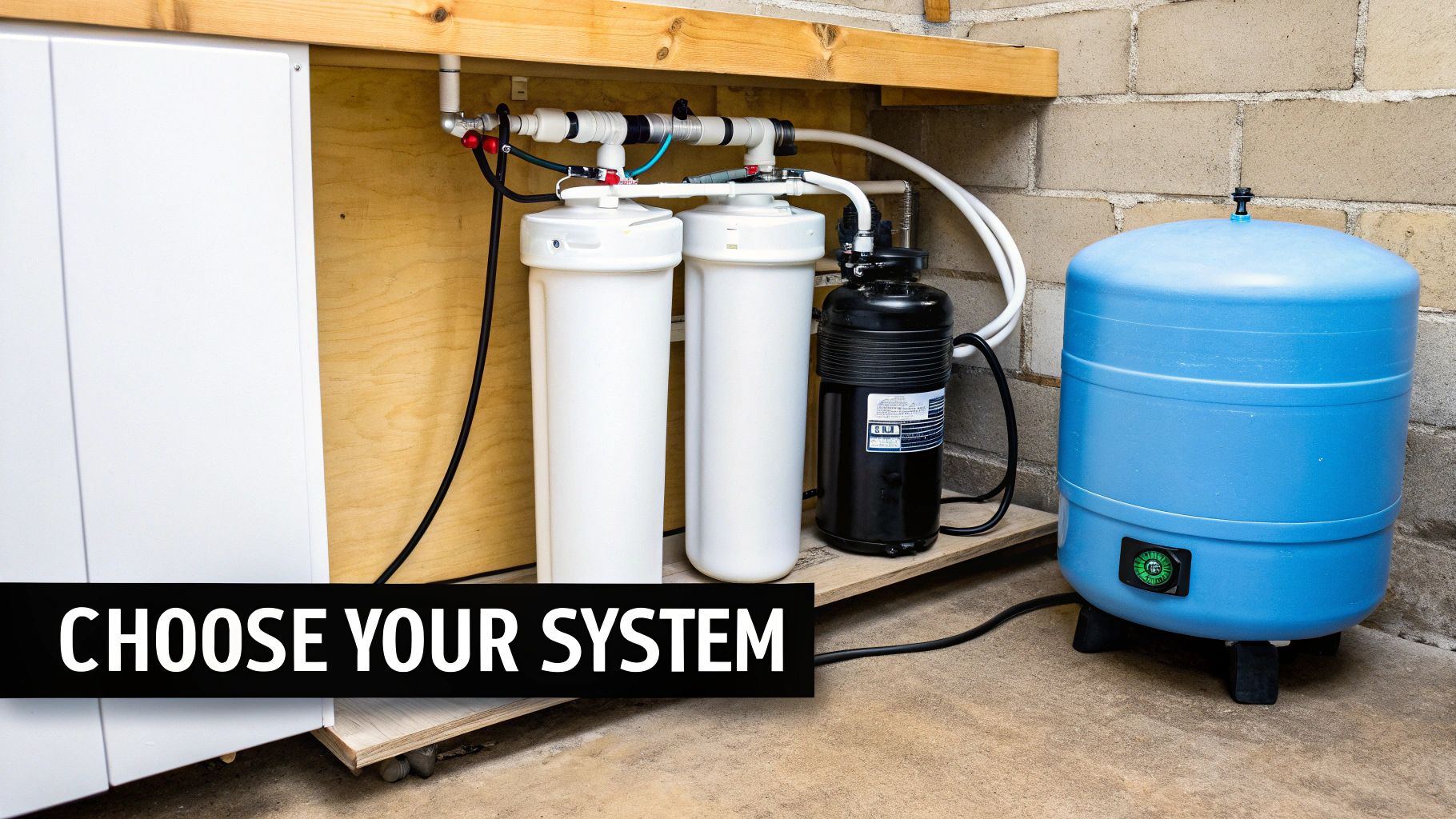 A reverse osmosis water filtration system with multiple filters and a blue pressure tank installed under a wooden shelf.