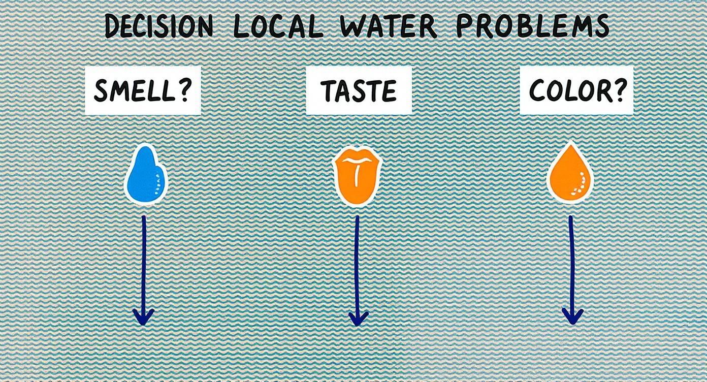 A diagram titled 'DECISION LOCAL WATER PROBLEMS' showing icons for smell, taste, and color.