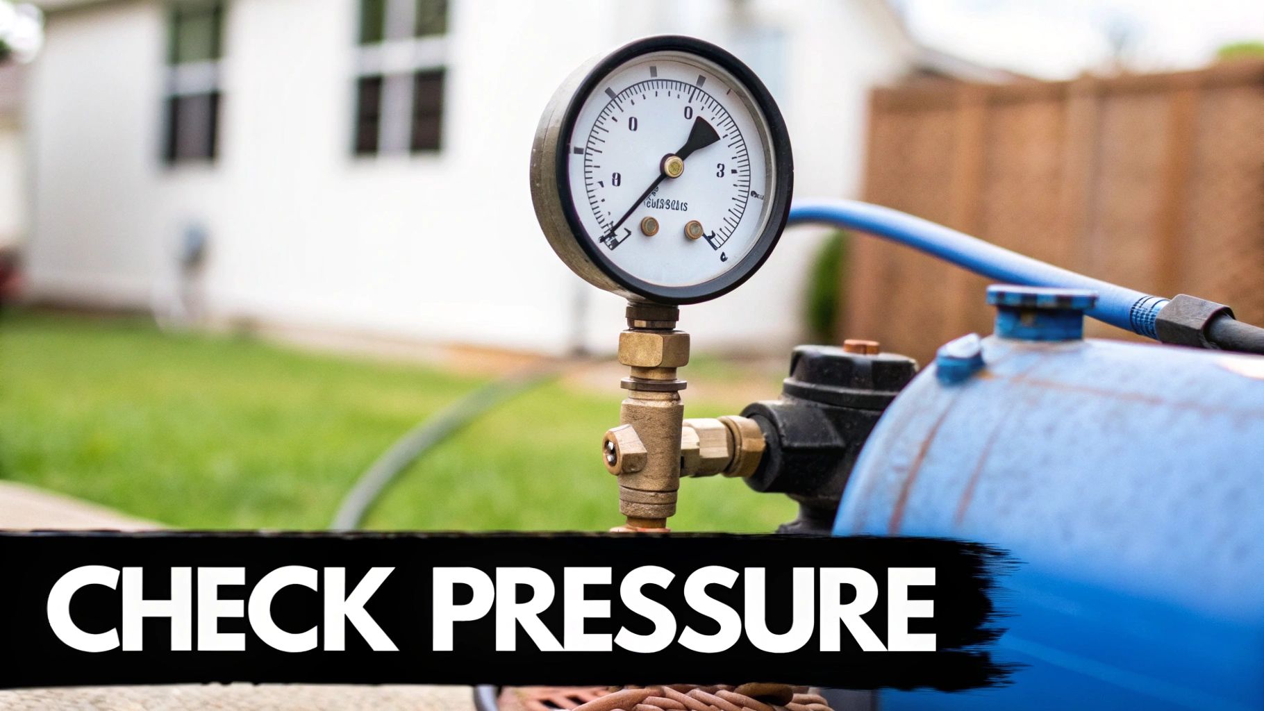 A close-up of a pressure gauge on a blue well water pressure tank, showing current pressure readings outdoors.