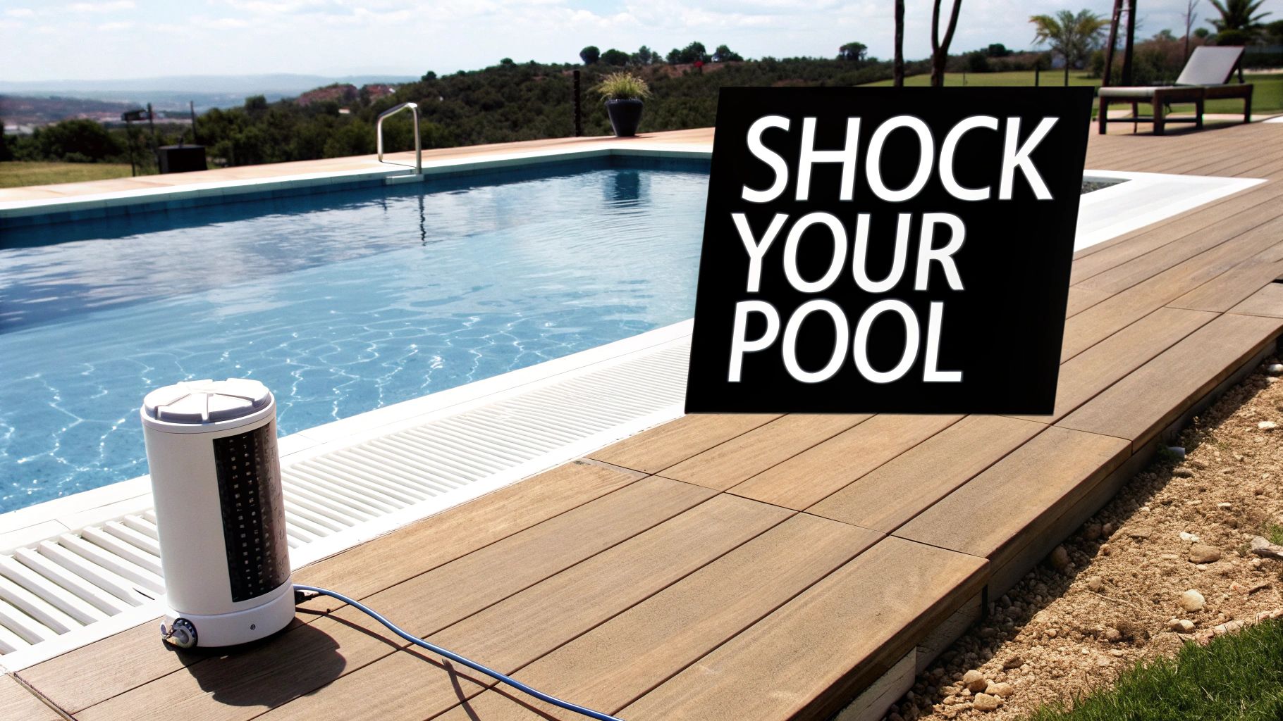 Pool shock treatment device and signage beside blue swimming pool with wooden deck