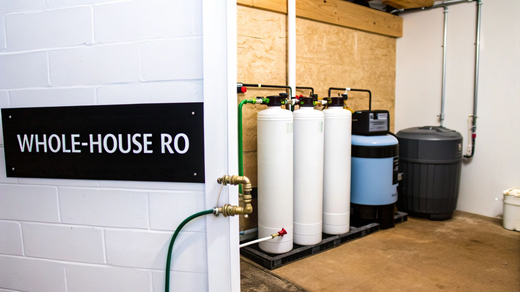 A white brick wall with a "WHOLE-HOUSE RO" sign, leading to a room with a complex water filtration system.