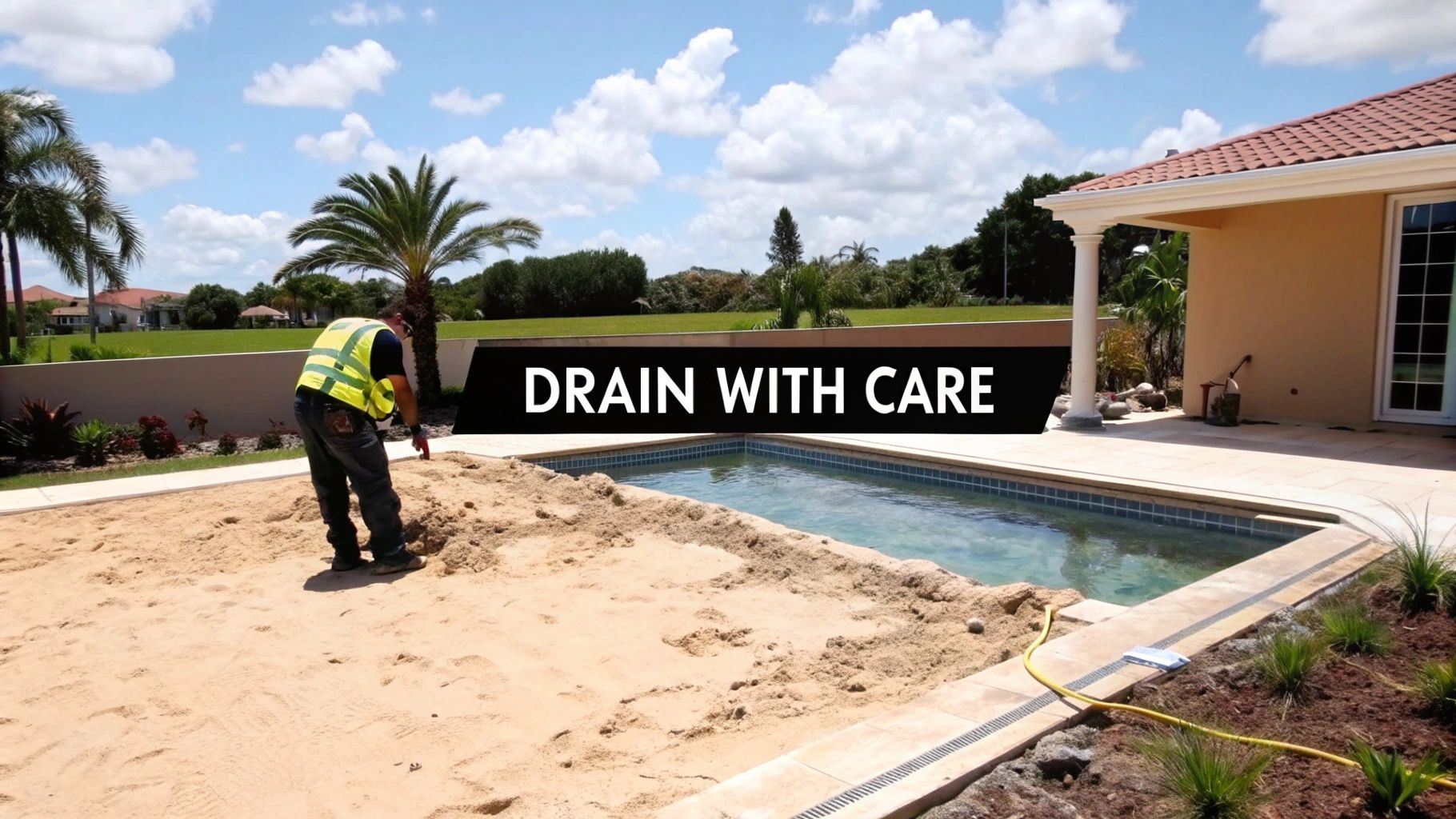 A worker carefully drains a pool next to a sandy area, with the warning 'DRAIN WITH CARE'.