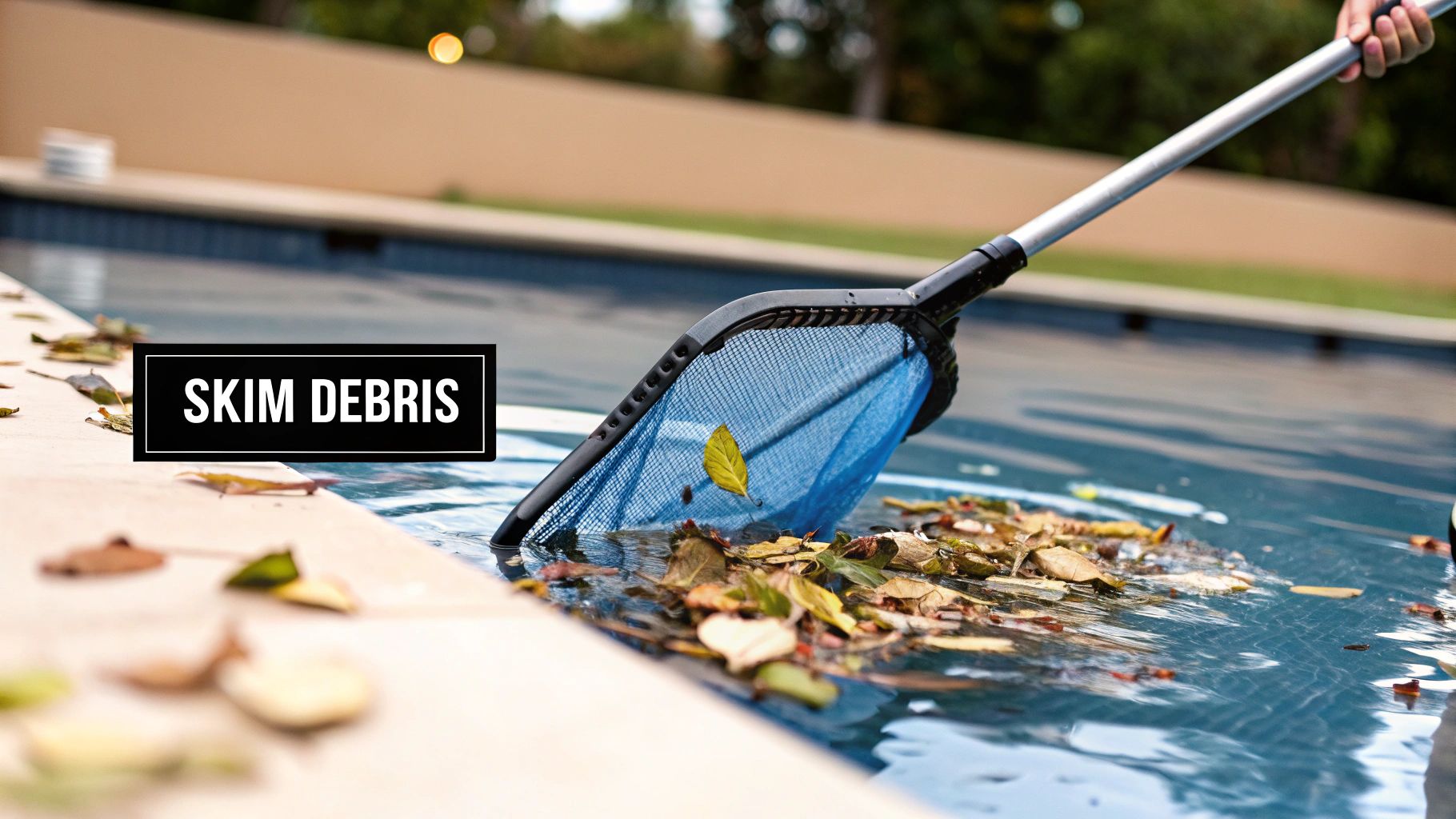 A pool technician skimming leaves from the surface of a clear blue swimming pool