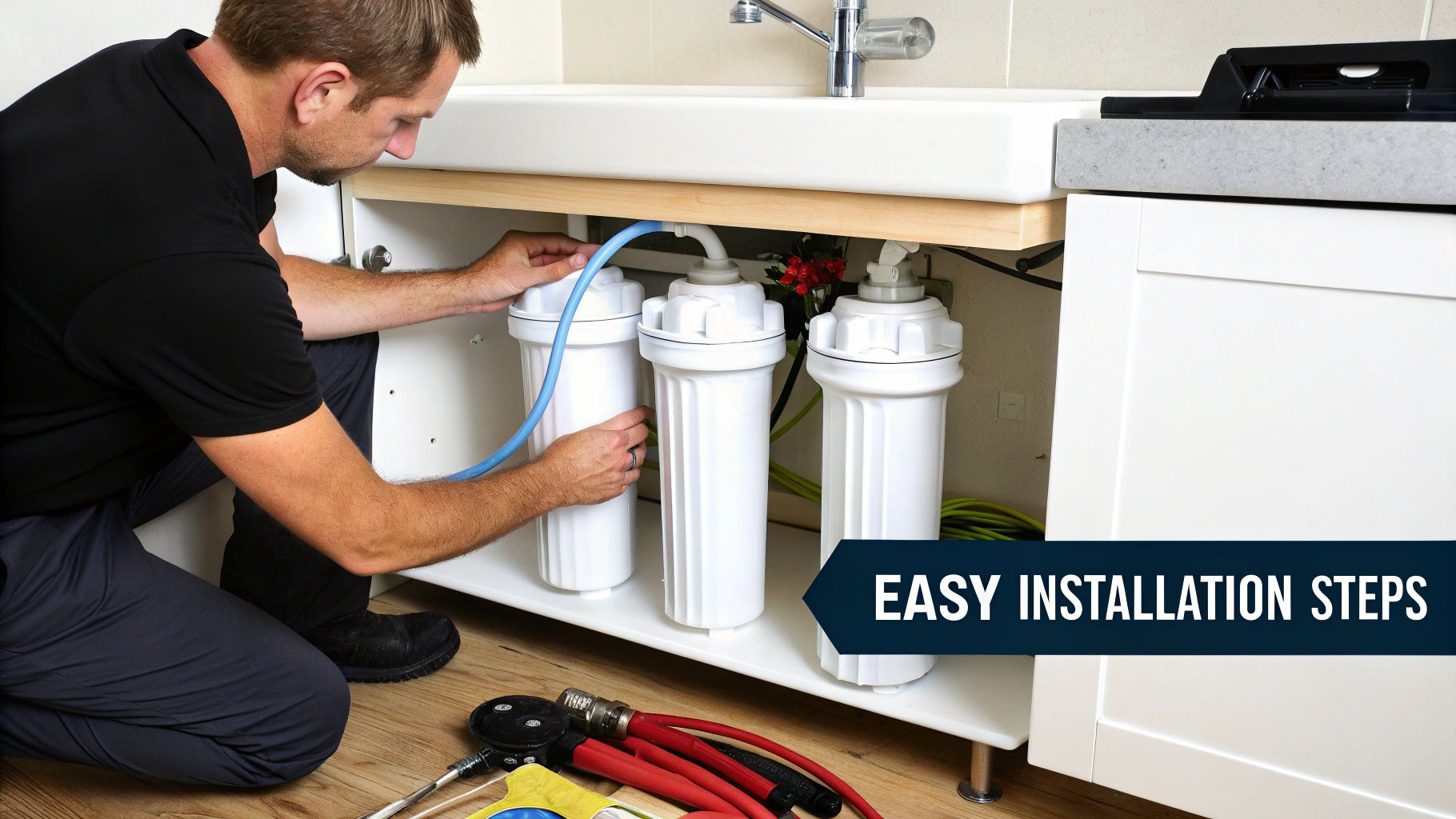 Man installing a three-stage under-sink water filtration system, demonstrating easy installation steps.