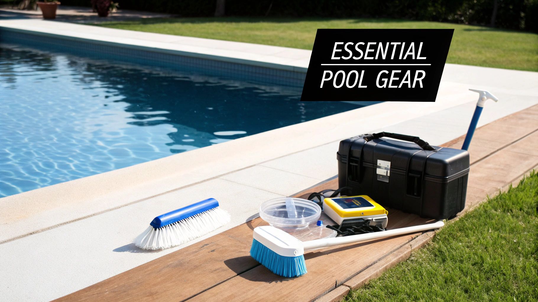 Various essential pool cleaning tools and equipment laid out next to a sparkling blue swimming pool.