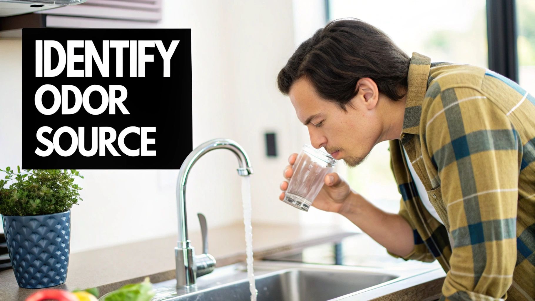 A man sniffs water from a glass near a kitchen faucet, identifying an odor source.