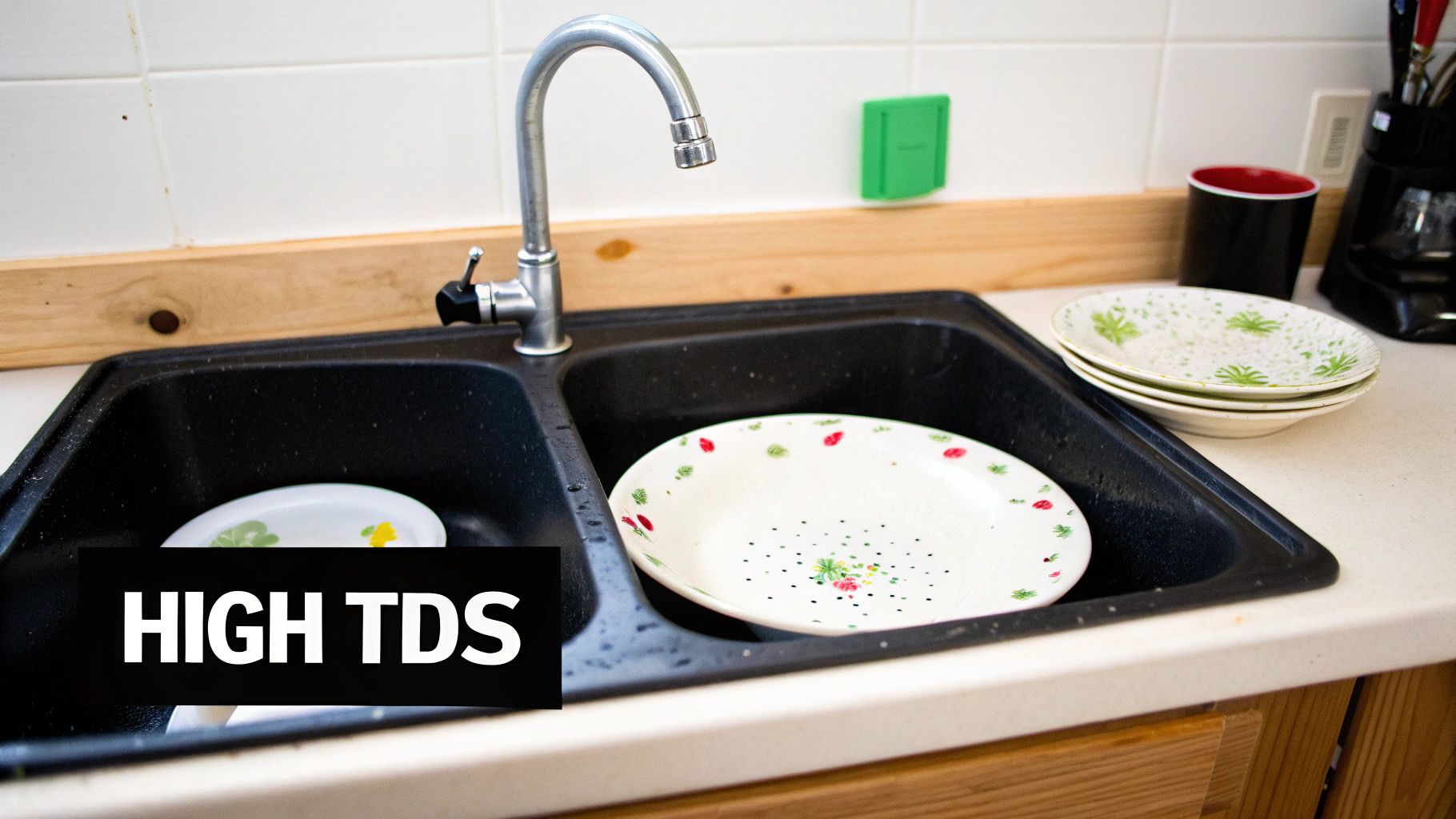 White mineral deposit stains on a dark faucet, illustrating the effects of high TDS.