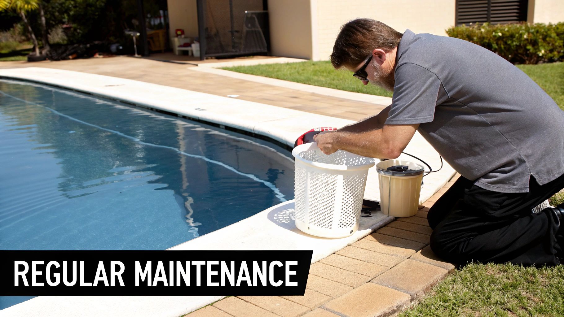 A man wearing sunglasses kneels beside a blue swimming pool, performing maintenance with a basket.