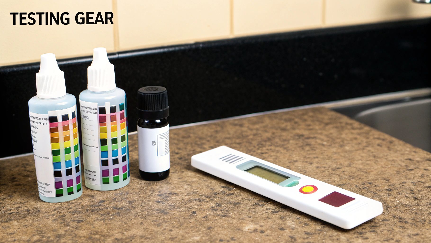A person carefully holding a water sample vial from a home test kit.