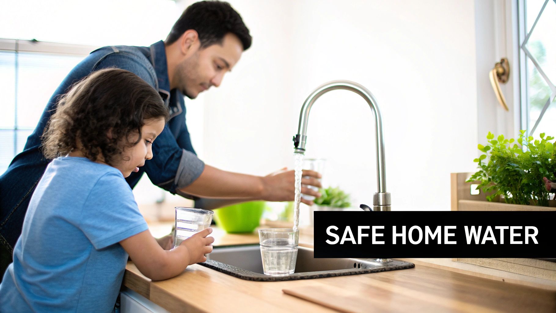 A person pouring a glass of clean, filtered water from a kitchen tap.