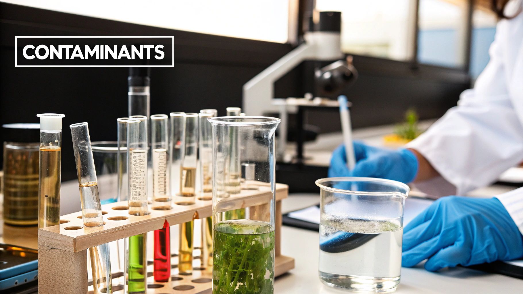 A person holding a glass of clear well water up to the light, inspecting its clarity, with a well pump visible in the background.