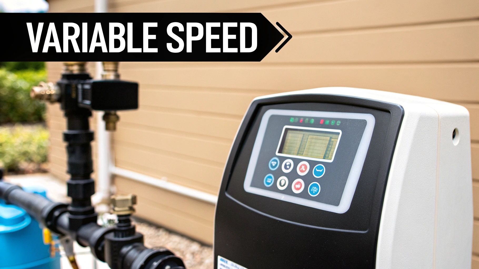 A variable speed pump controller with a digital display and buttons, connected to outdoor piping.