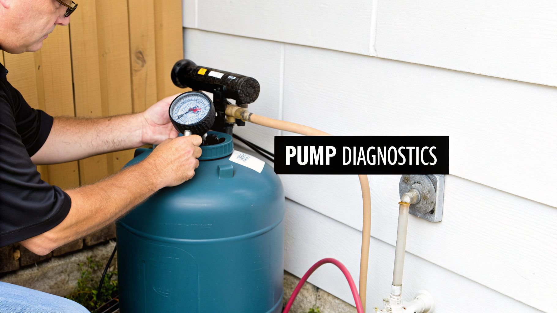 A technician performing pump diagnostics, checking a pressure gauge on an outdoor water pump system.