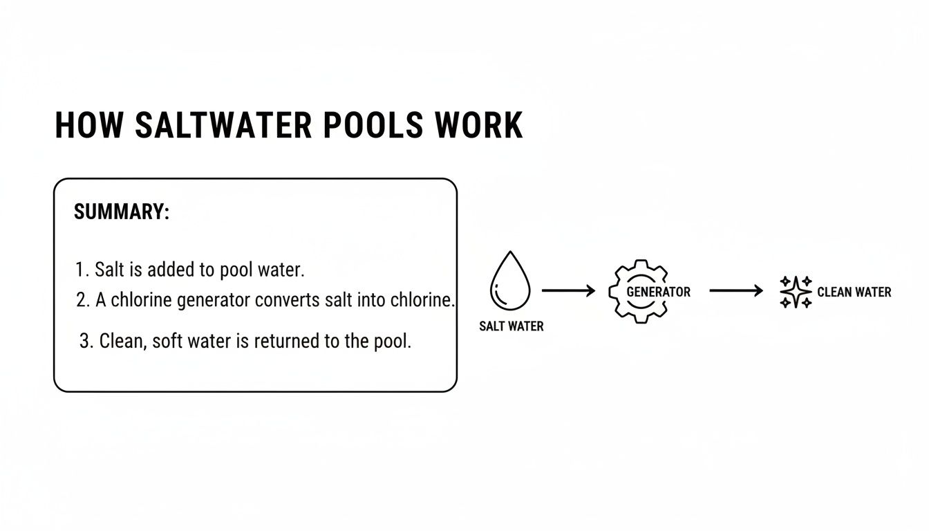 Diagram illustrates the three-step process of how saltwater pools work, transforming salt water into clean water.
