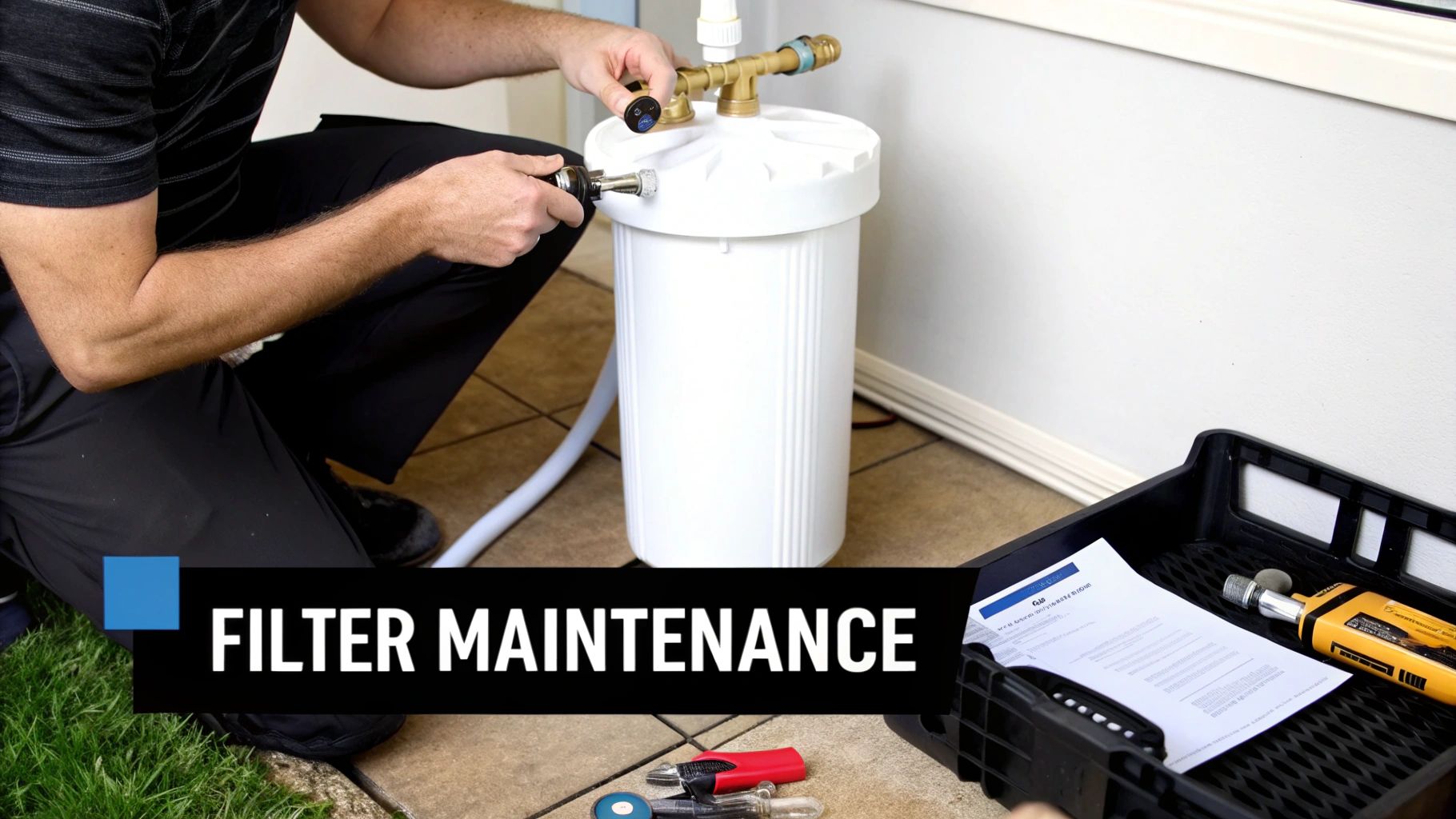 A person is performing maintenance on a white whole-house water filter system with tools.
