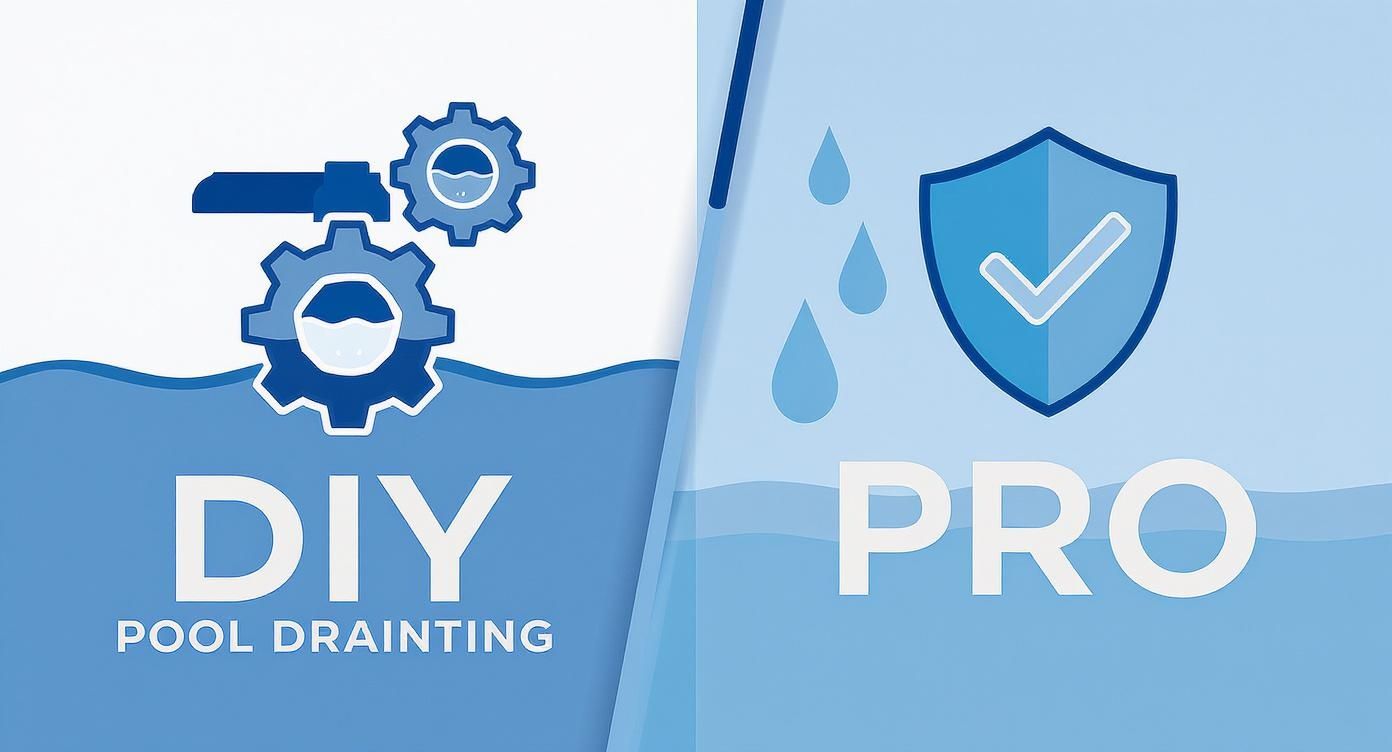 Infographic comparing DIY vs. professional pool draining methods.