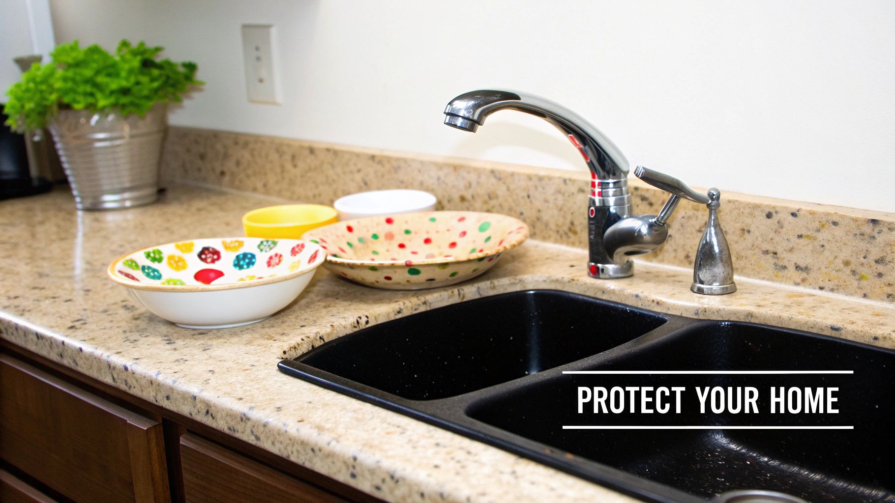 A clean kitchen counter with a black double sink, chrome faucet, decorative bowls, and a potted plant.