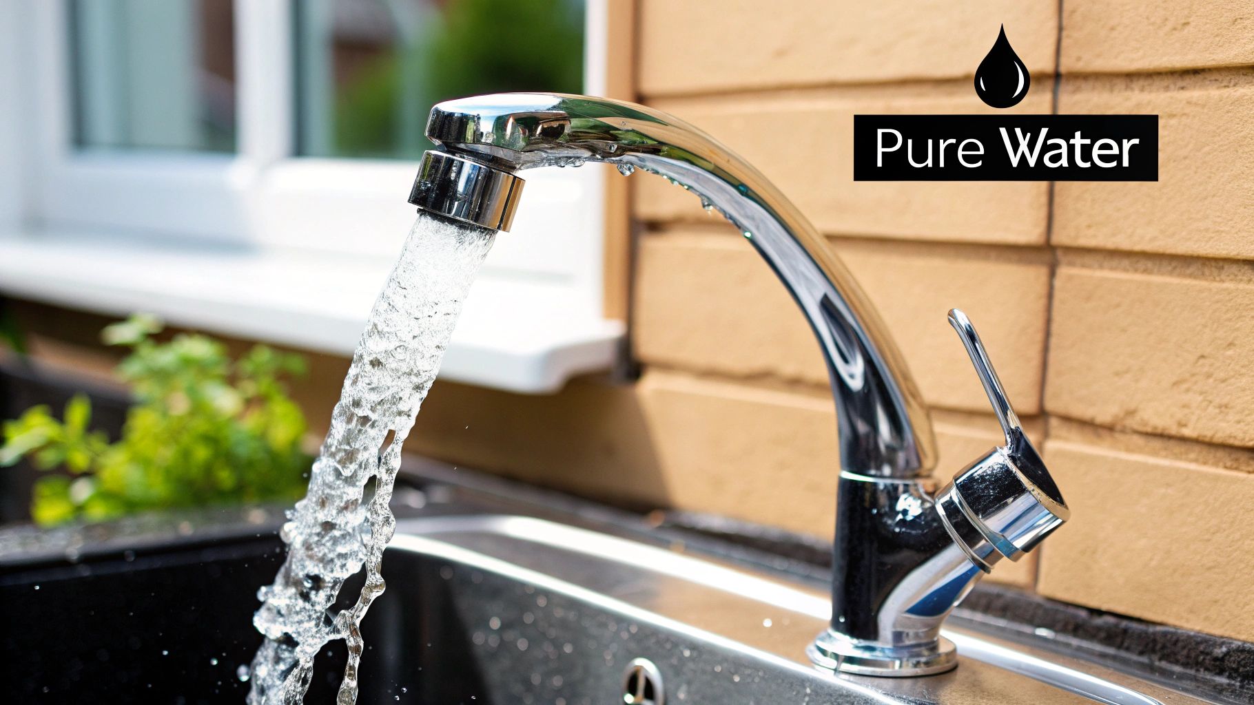 A happy family drinking glasses of clean water in their kitchen.