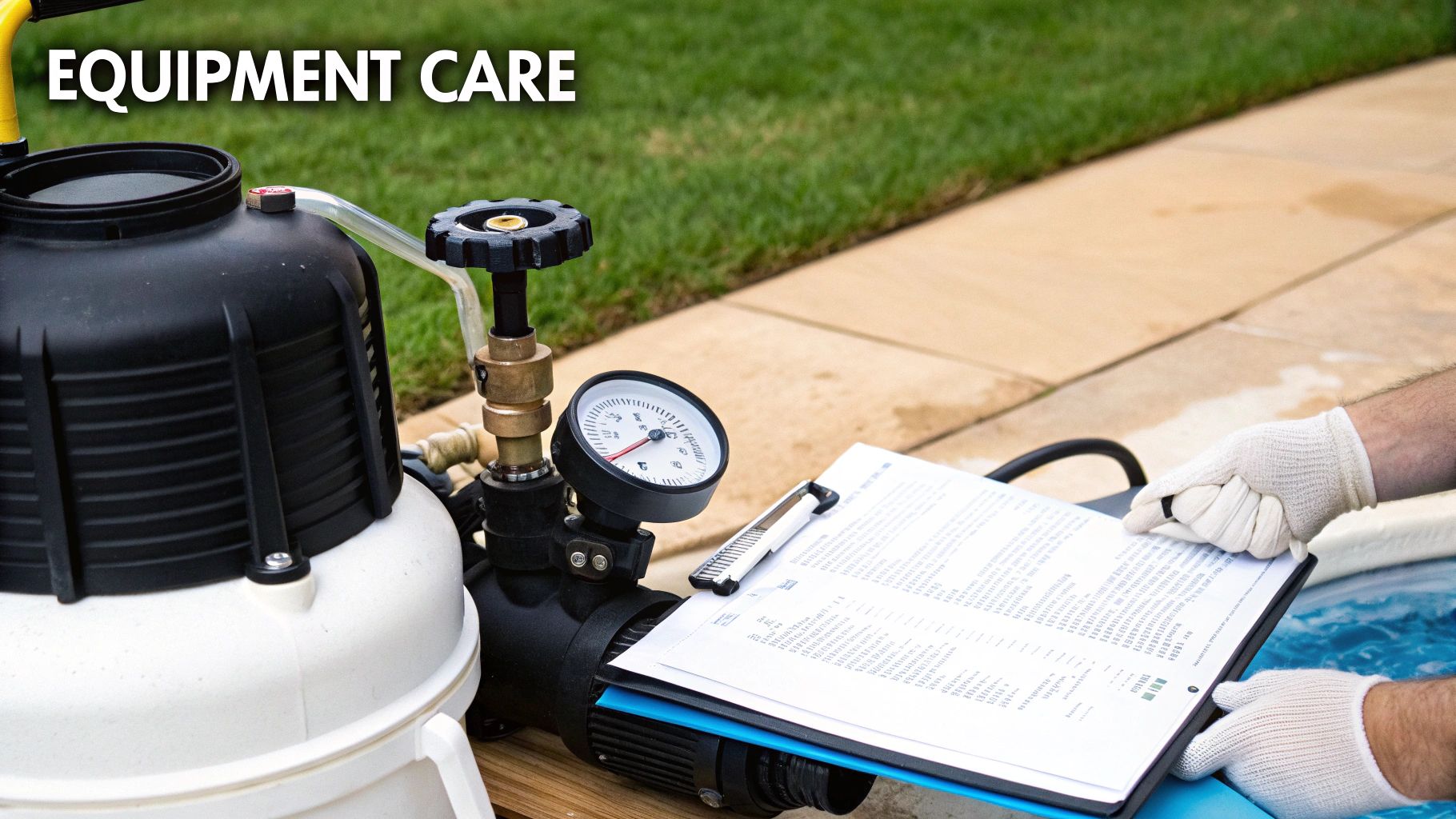 Person in gloves checking documents next to pool maintenance equipment with a pressure gauge.