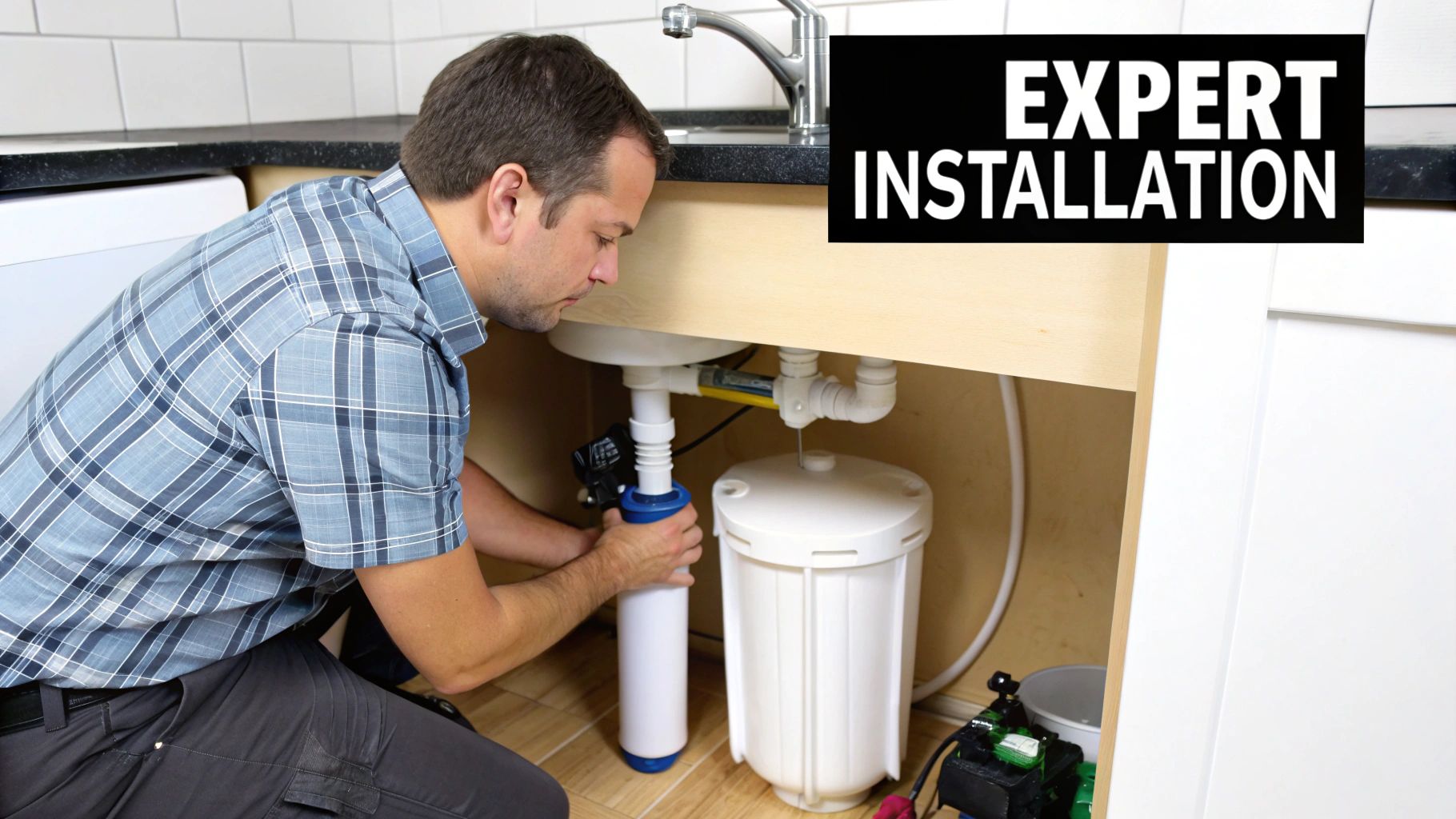 A professional technician servicing a whole-house water filtration system, ensuring it operates correctly.