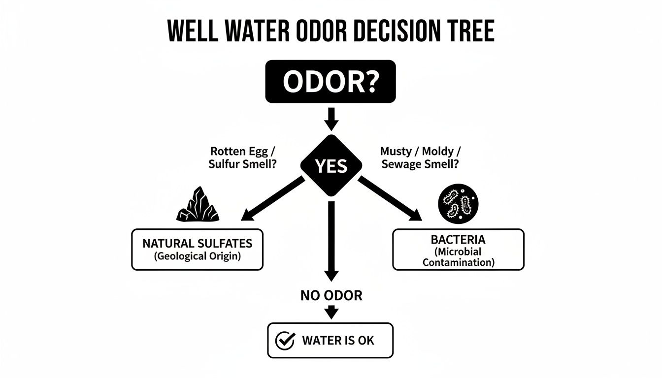 Well water odor decision tree diagnosing sulfur smell from sulfates and musty smell from bacteria.