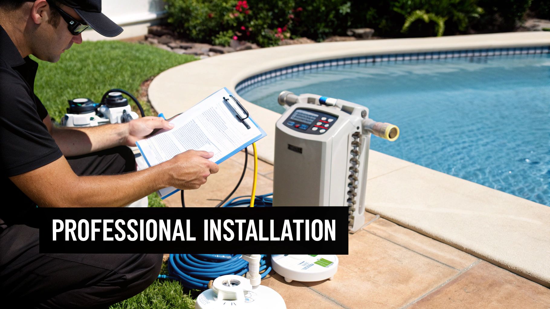 Man installing professional pool equipment, holding a clipboard next to a sparkling blue pool.