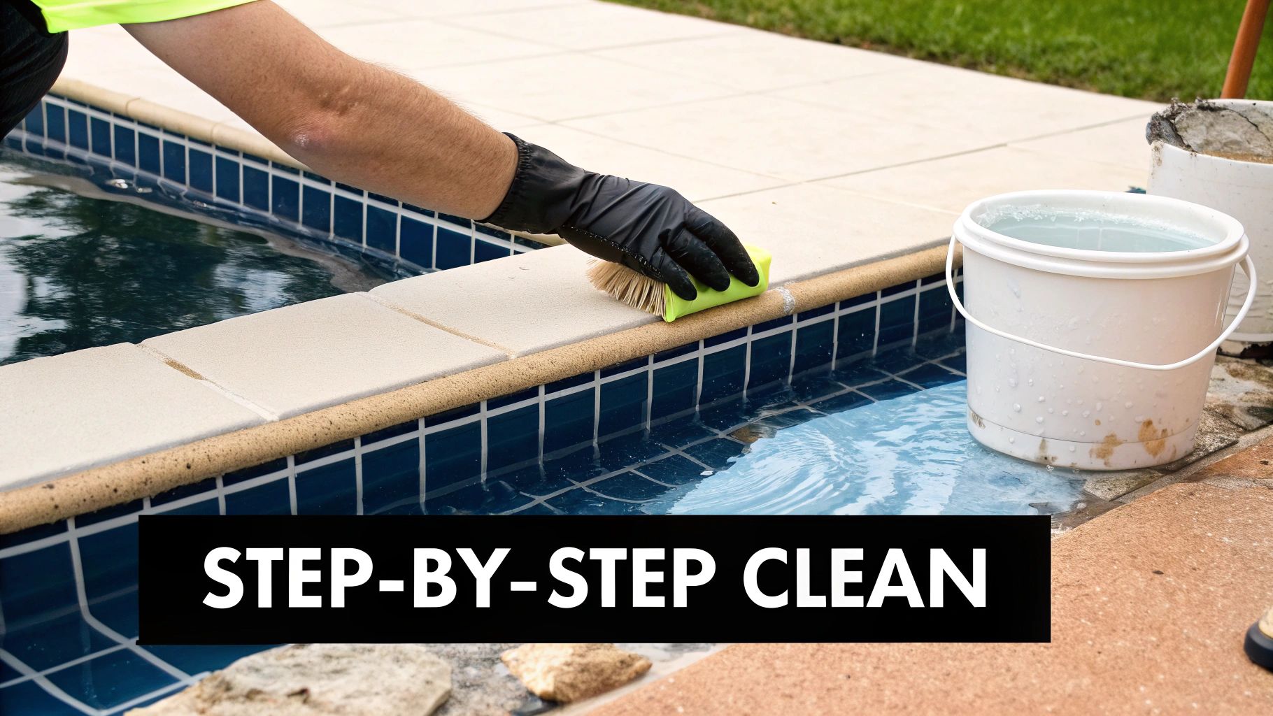 A person scrubbing the waterline of a pool with a brush.